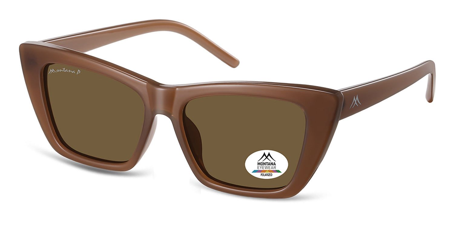 Braune Sonnenbrille, schräge Ansicht. Montana Eyewear Logo auf dem Bügel. Polarized-Aufkleber auf dem Glas.