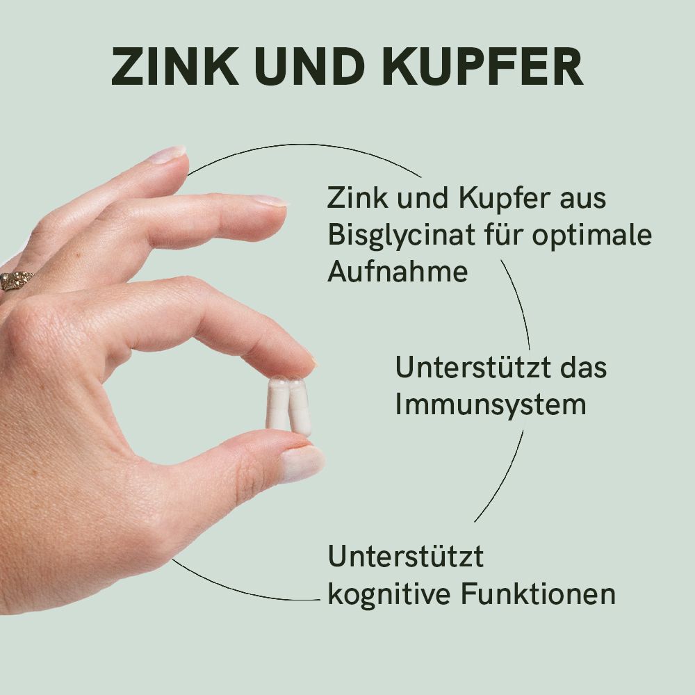 Hand hält eine Kapsel. Text: Zink und Kupfer aus Bisglycinat. Unterstützt Immunsystem und kognitive Funktionen.