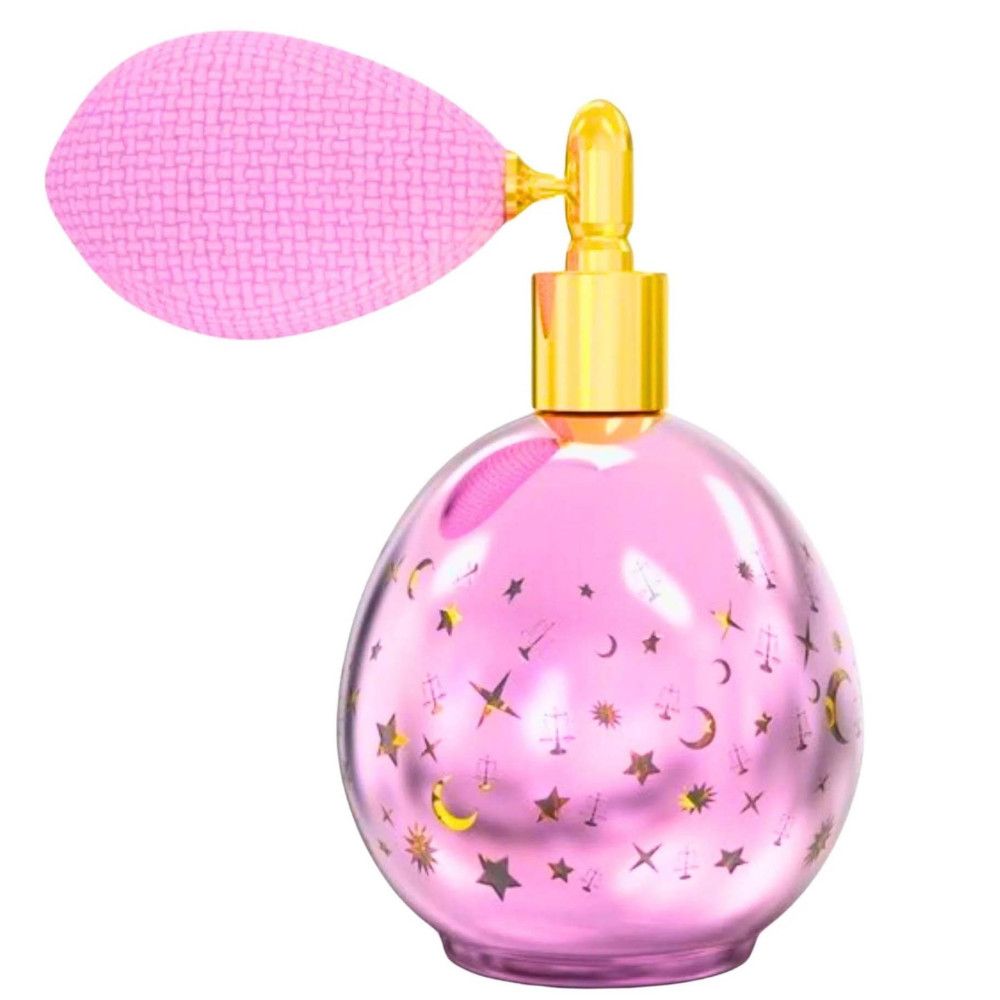 Runder, rosa Flakon mit goldenem Sprühkopf und rosa Zerstäuber. Verziert mit Sternen und Monden.