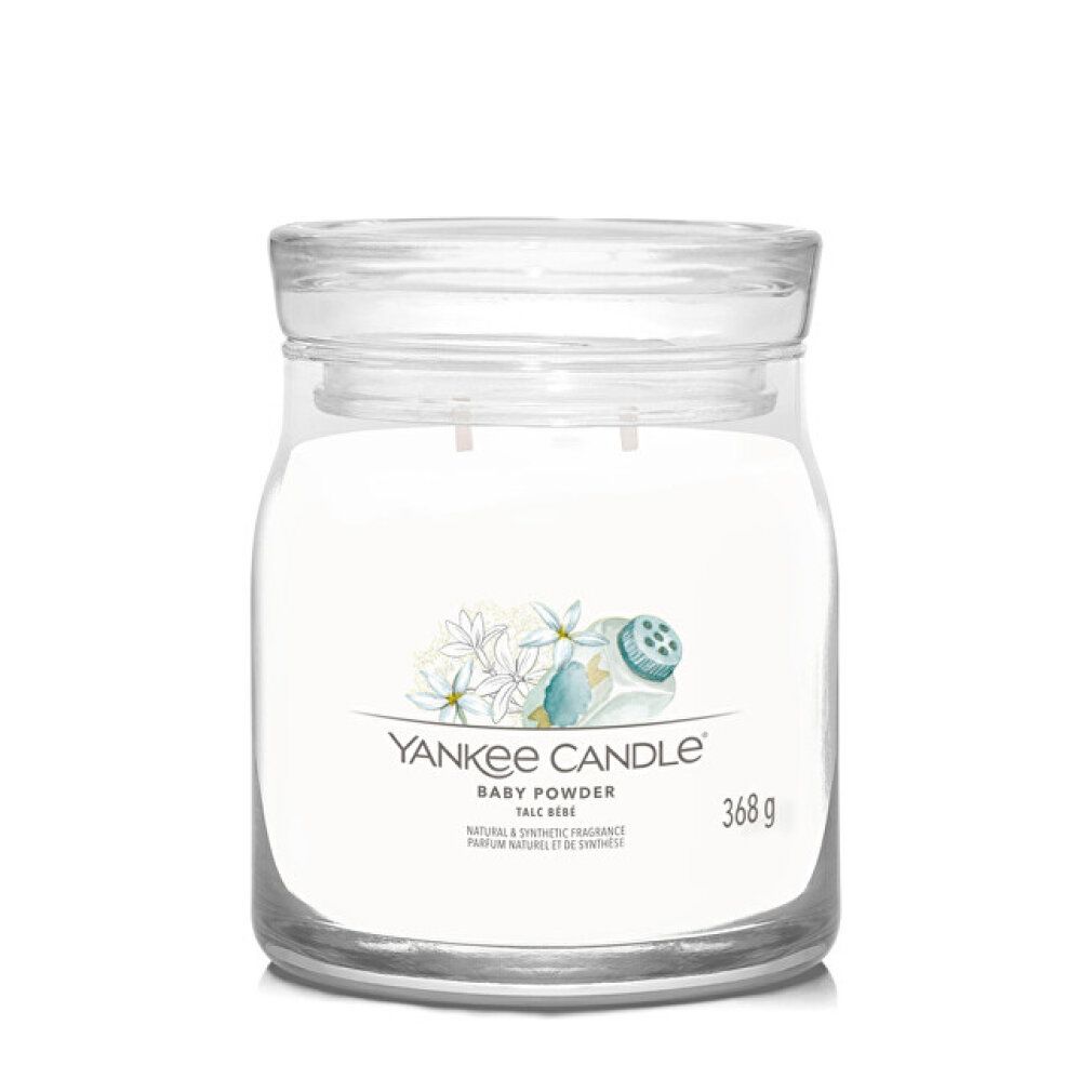 Glasbehälter mit Deckel. Aufkleber mit Blumenmotiv und Schriftzug. Aufschrift: Yankee Candle Baby Powder. Gewicht: 368 g.