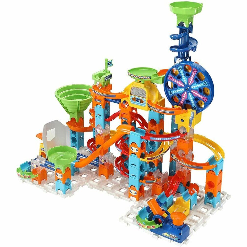 VTech Marble Rush Ultimate Set. Bunte Konstruktion mit Bahnen, Trichter, Karussell und Rampen.
