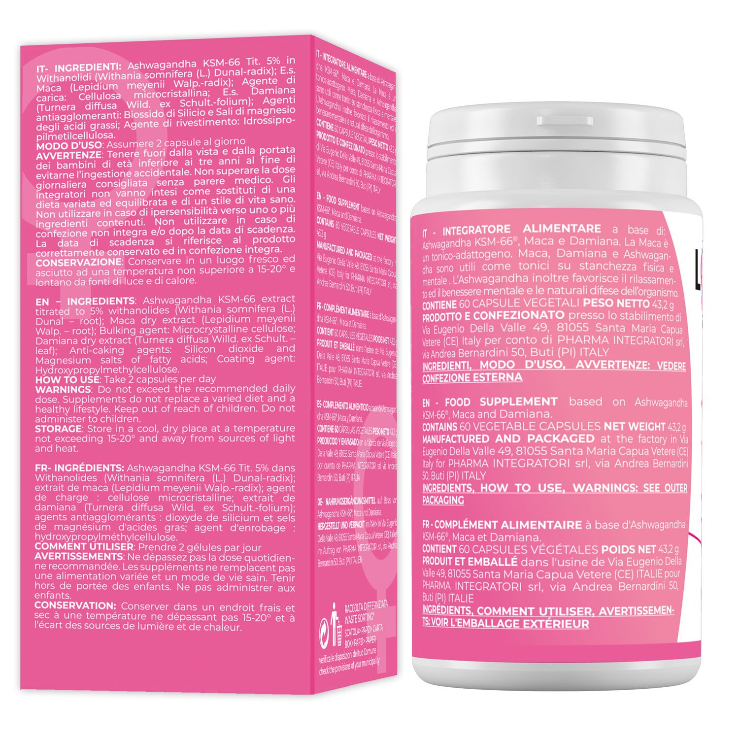 Weißes Pillenbehälter mit rosa Etikett und rosa Schachtel. Text: Inhaltsstoffe, Anwendung, Lagerung. KSM-66 Ashwagandha.