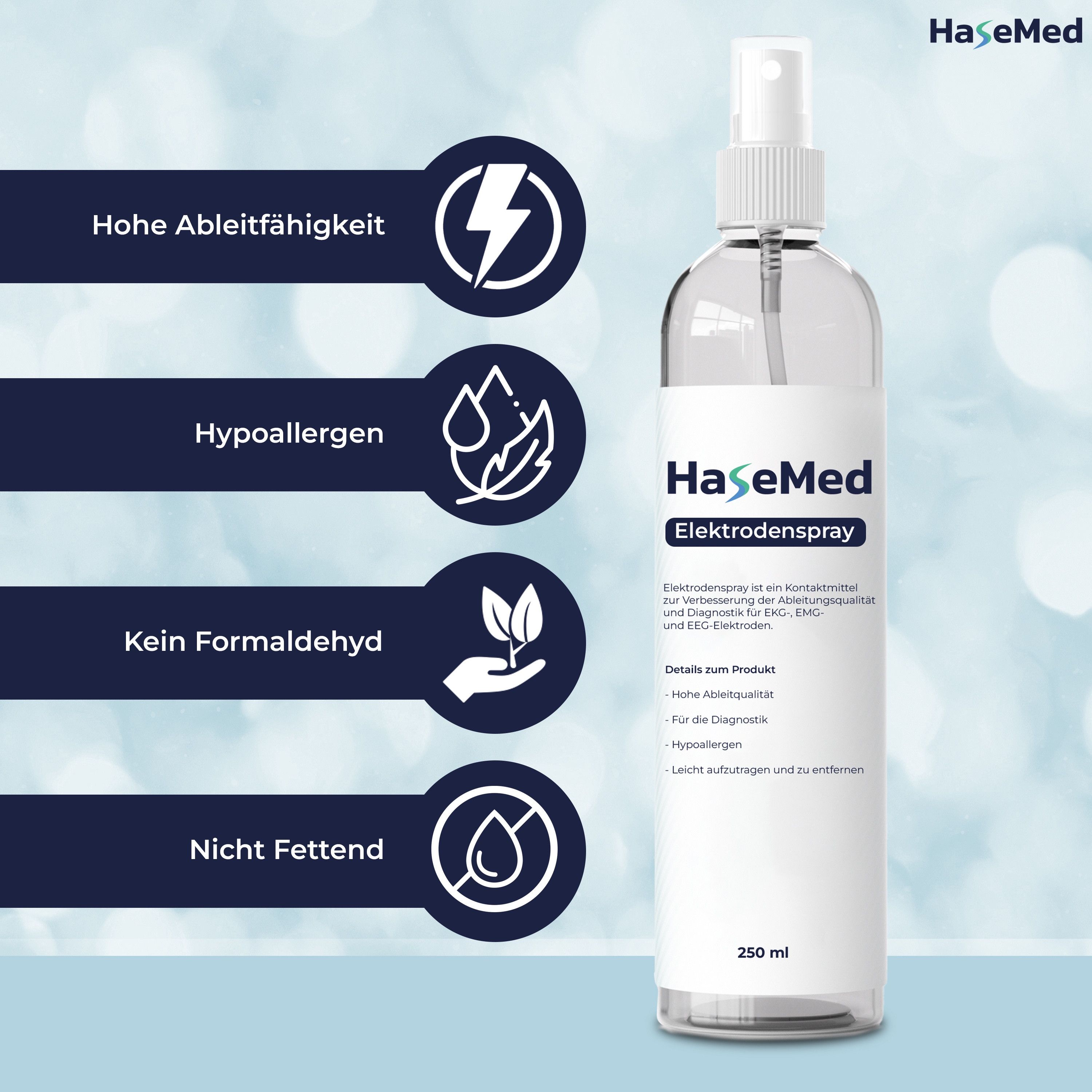 HaseMed Elektrodenspray. Transparente Sprühflasche mit weißem Etikett. Text: Elektrodenspray, 250 ml. Icons: Hohe Ableitfähigkeit, hypoallergen, kein Formaldehyd, nicht fettend.