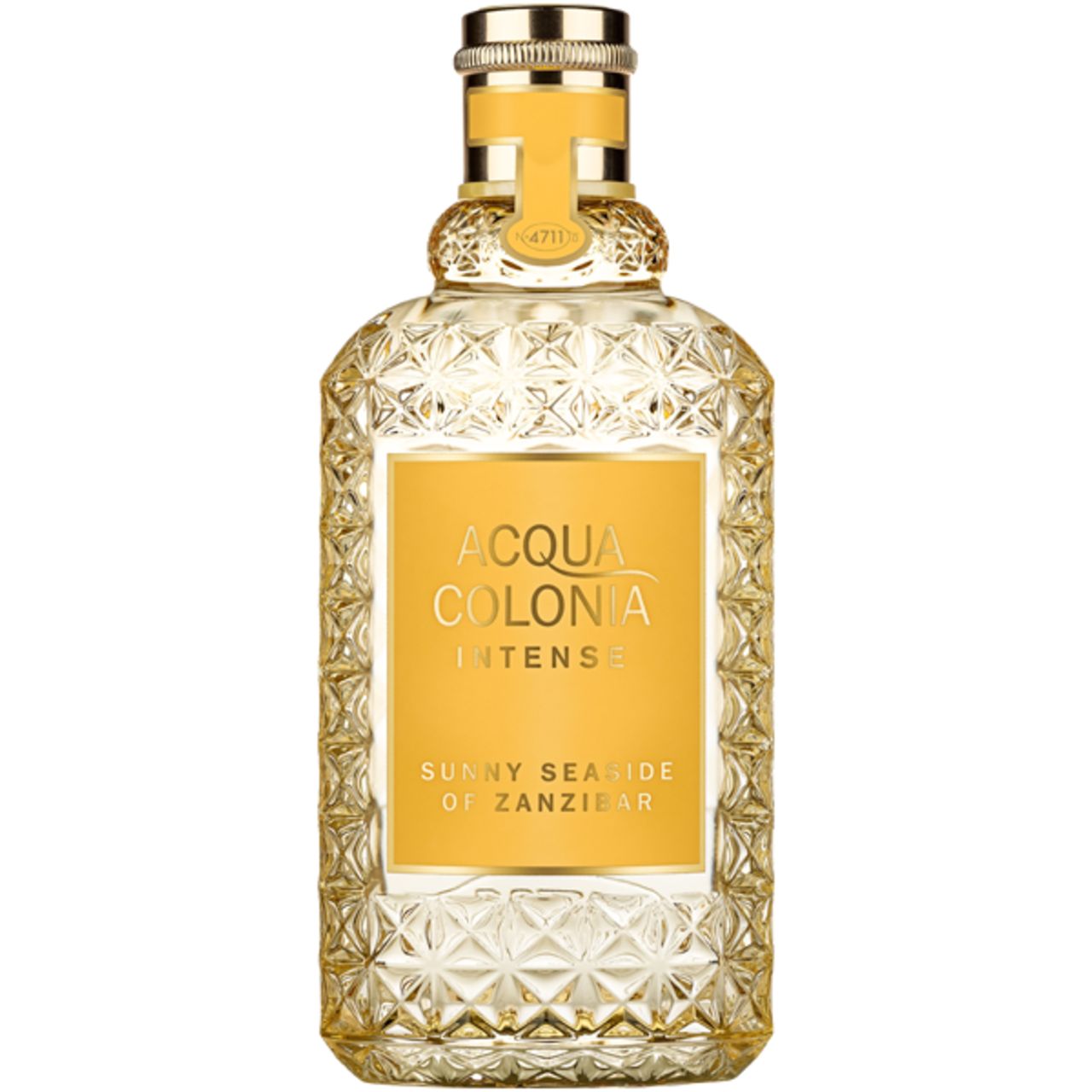Glasflakon mit gelbem Etikett. Aufschrift: Acqua Colonia Intense Sunny Seaside of Zanzibar. Goldfarbener Verschluss.