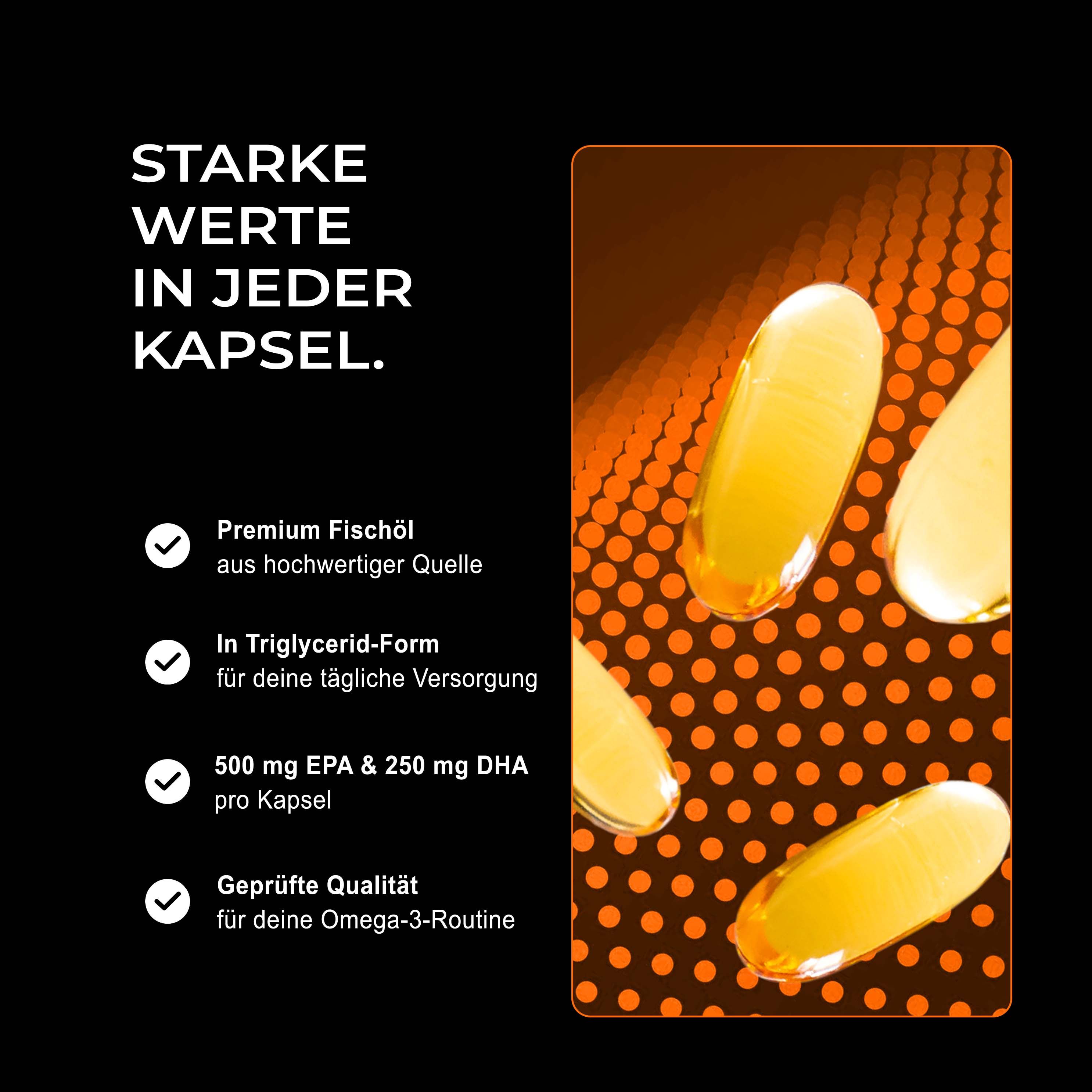 Nahaufnahme von Kapseln. Text: Premium Fischöl, Triglycerid-Form, 500 mg EPA & 250 mg DHA pro Kapsel. Geprüfte Qualität.