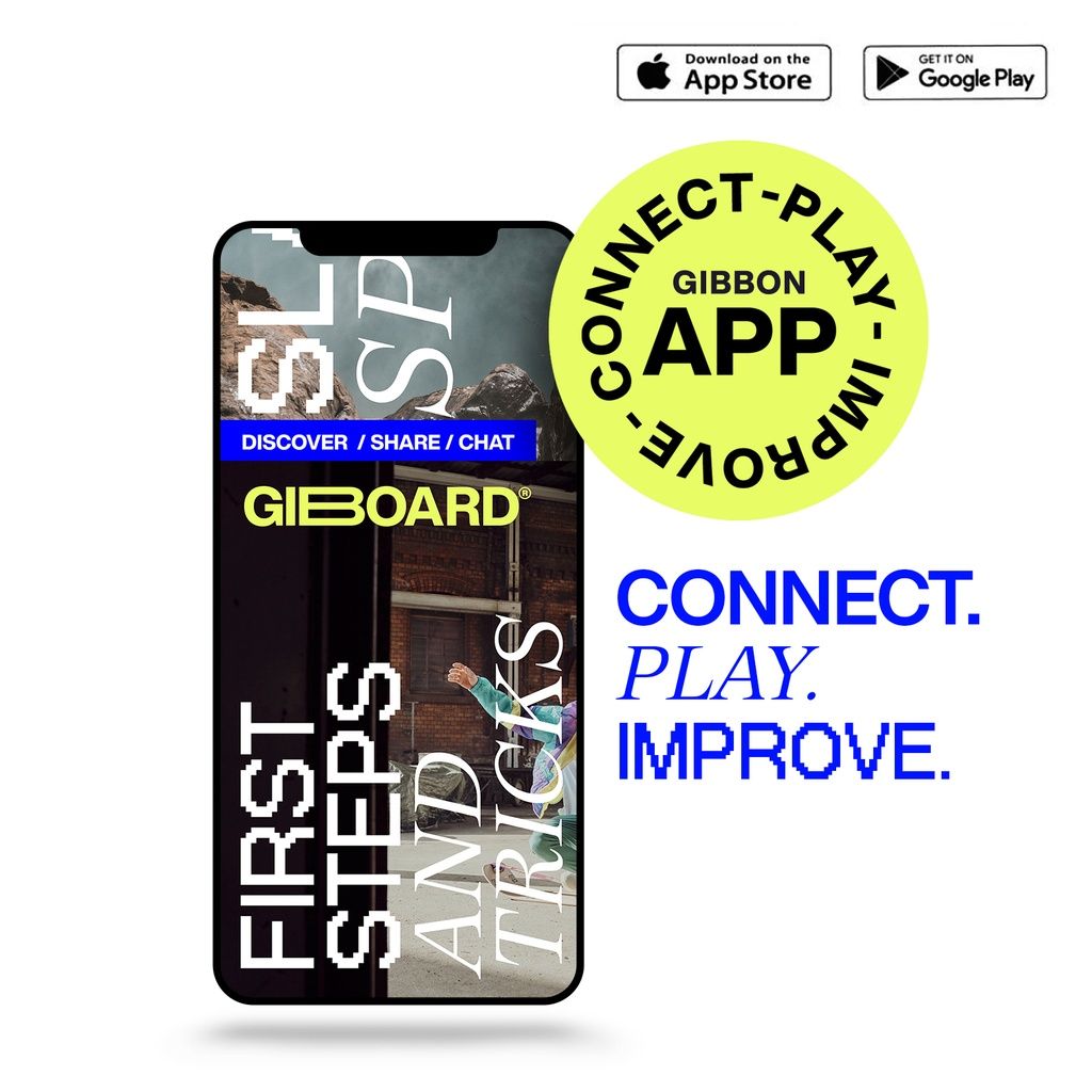 Smartphone mit App-Anzeige. Gelber Kreis mit Text: CONNECT-PLAY-IMPROVE. Blaue Schrift: CONNECT. PLAY. IMPROVE.