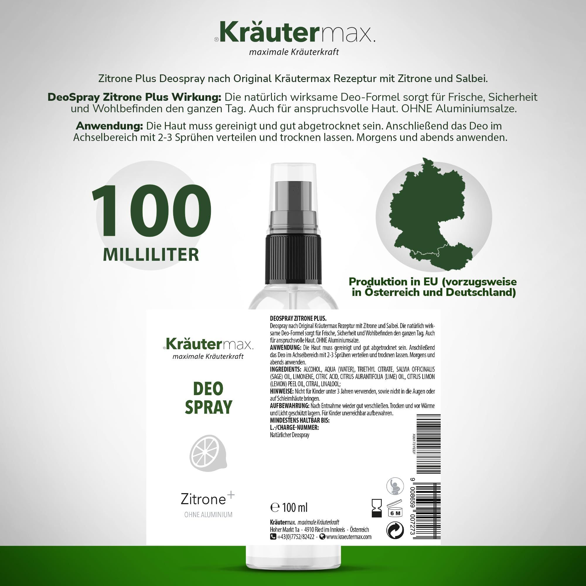 Kräutermax Deospray Zitrone plus. Rückseite der Flasche mit Produktinformationen. Text, Illustrationen und eine 100 ml Angabe.