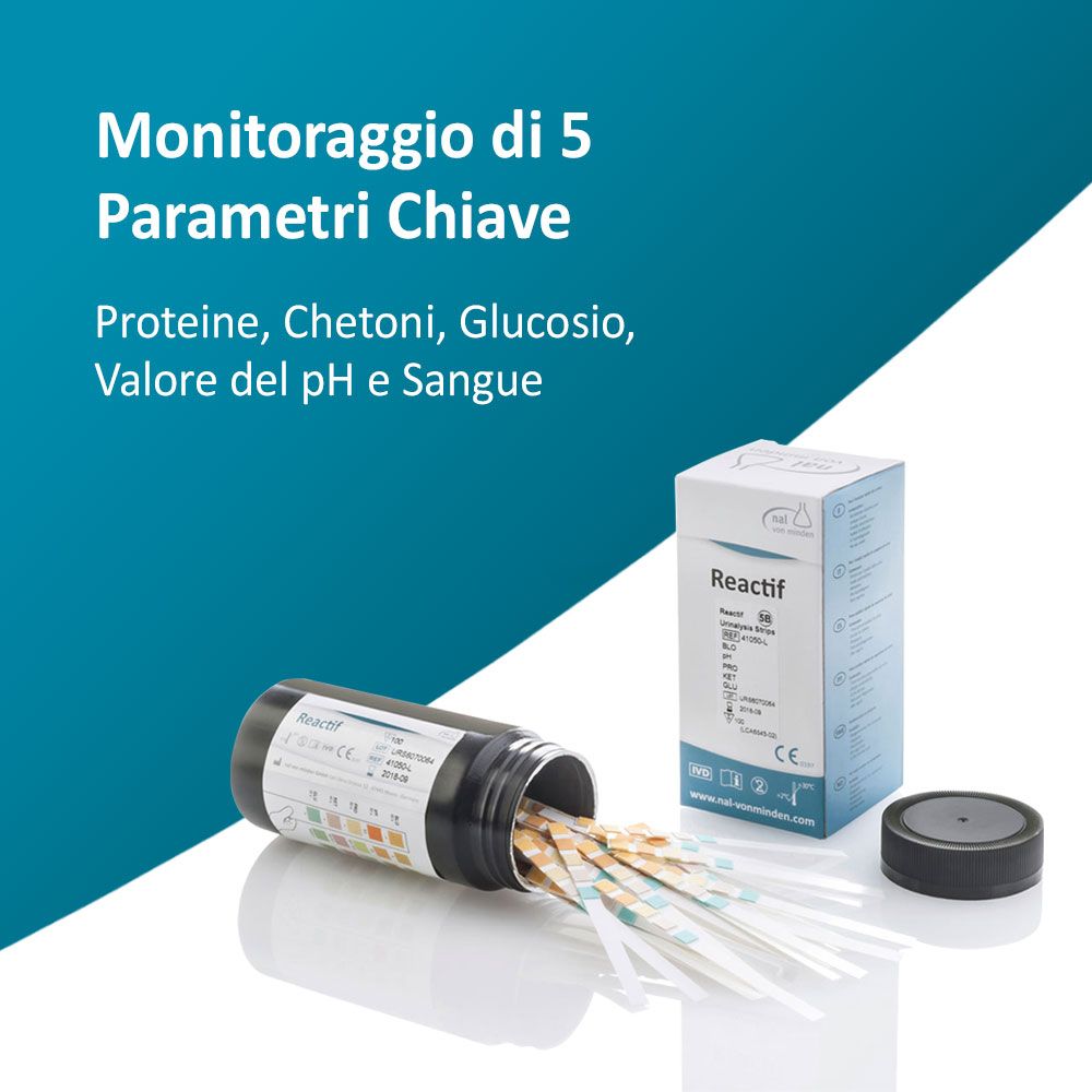 Strisce e confezione. Scritta: Reactif. Strisce reattive per 5 parametri.