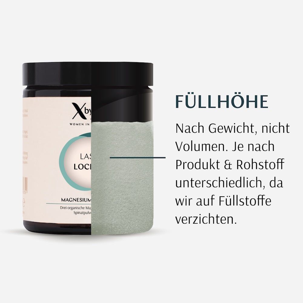 Produktbehälter mit angeschnittener Füllung. Text: Füllhöhe. Nach Gewicht, nicht Volumen. Je nach Produkt & Rohstoff unterschiedlich, da wir auf Füllstoffe verzichten.