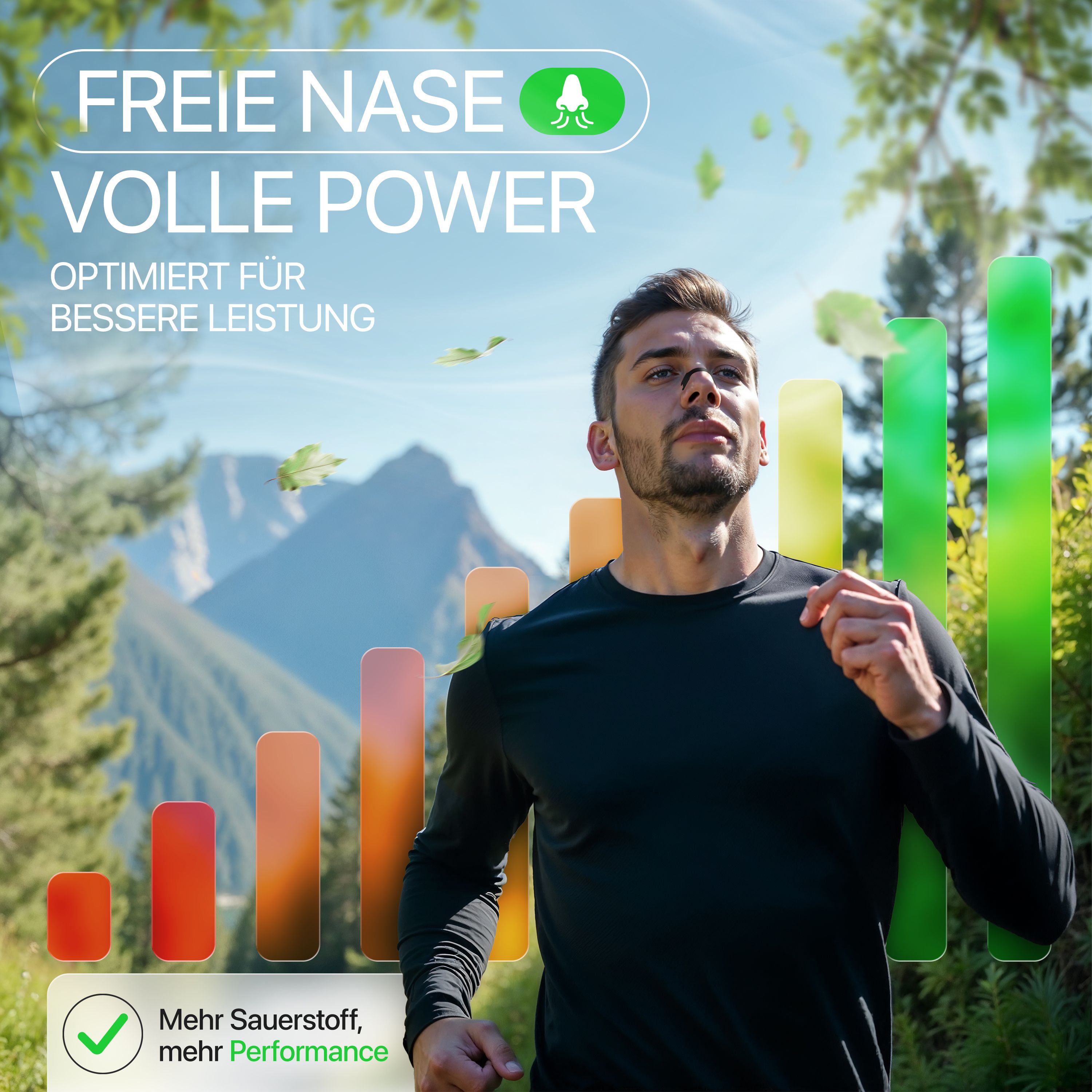Mann rennt im Freien. Nasenpflaster sichtbar. Text: Freie Nase, volle Power. Optimiert für bessere Leistung. Diagramm mit Balken.