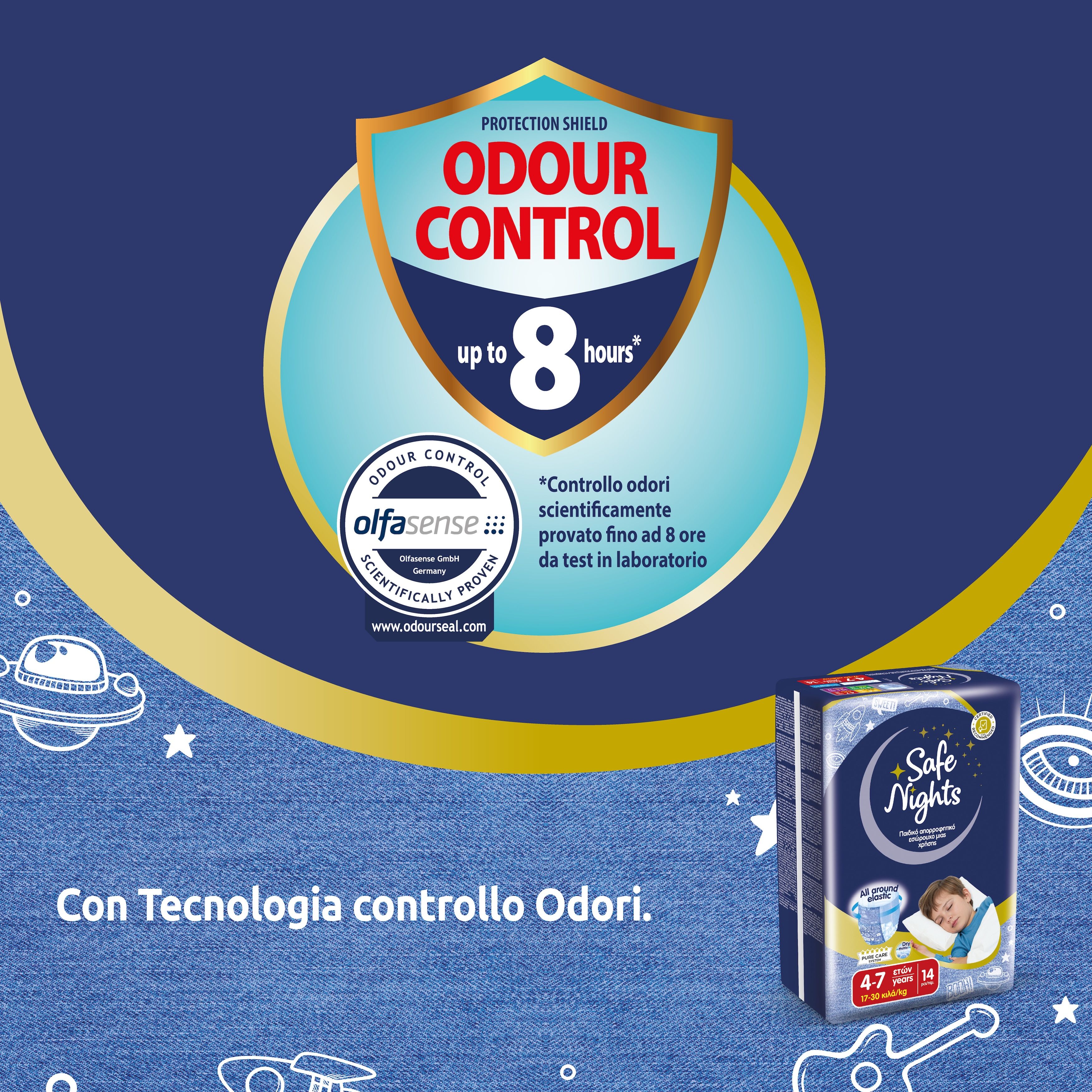 Verpackung Babylino Safe Nights. Text Odour Control. Produktabbildung mit Kind. Hintergrund blau mit Sternen.