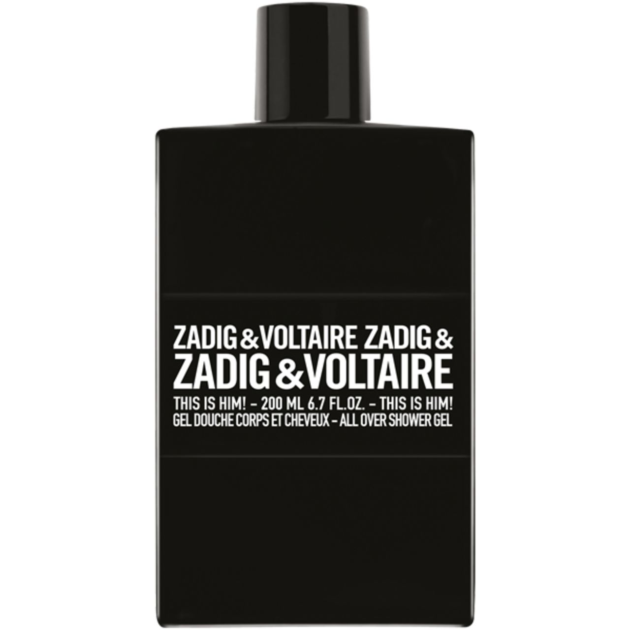 Schwarze Flasche mit weißem Etikett. Text: Zadig & Voltaire, This is Him! All Over Shower Gel.