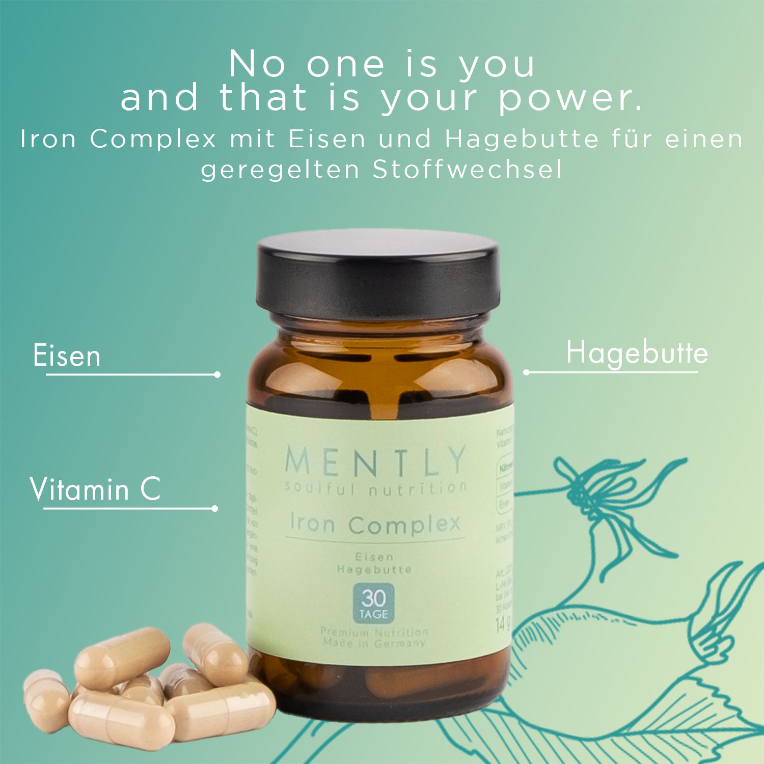 Braune Glasflasche mit schwarzen Deckel. Enthält Kapseln. Aufschrift: MENTLY Iron Complex, Eisen, Hagebutte, Vitamin C.