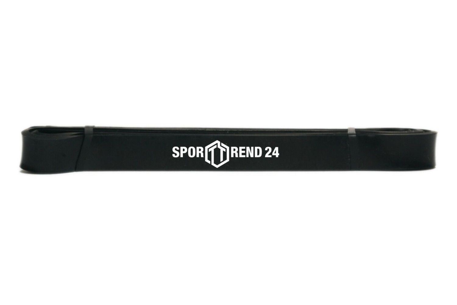 Schwarzes Fitnessband mit weißem 'Sporttrend 24'-Logo. Das Band liegt flach.