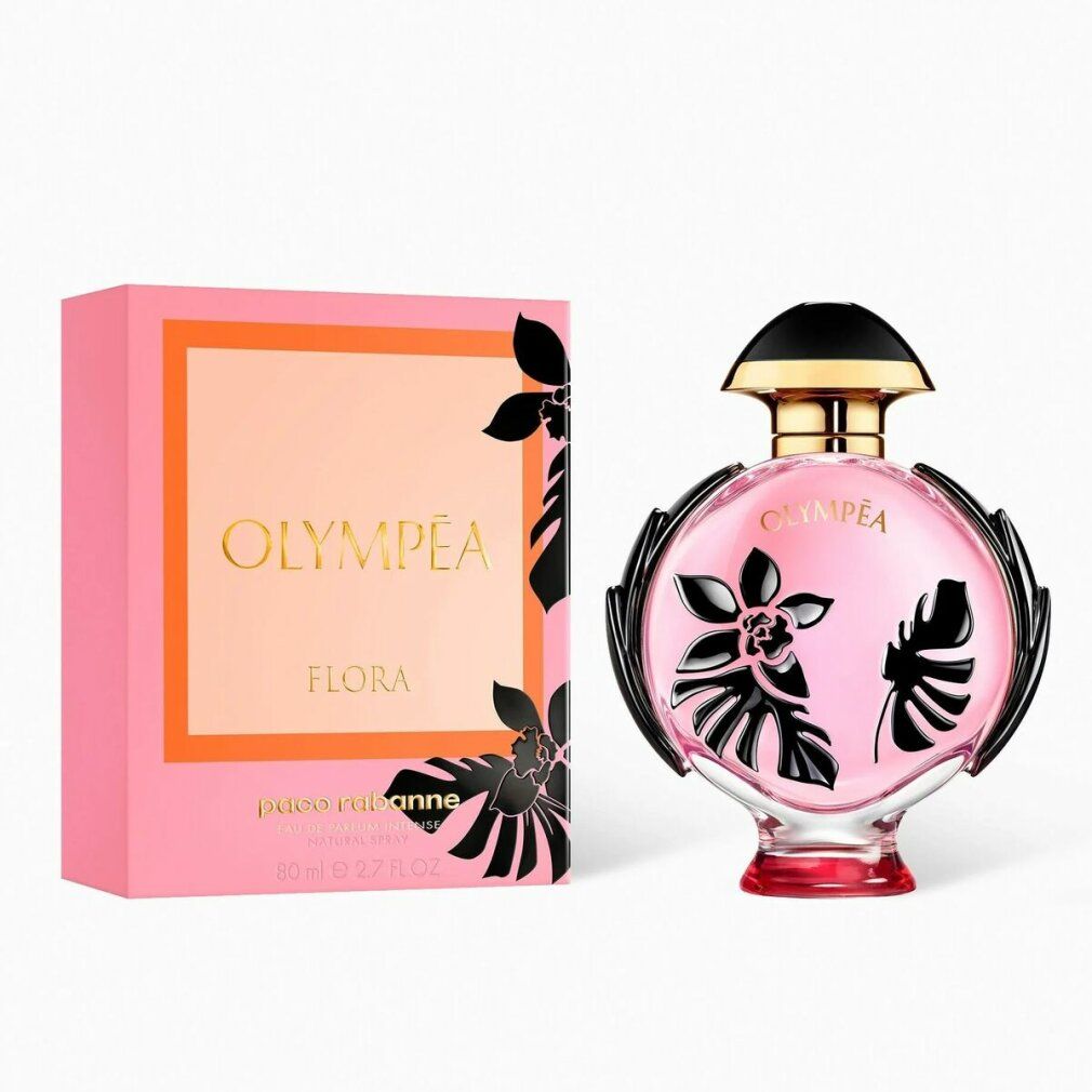 Rosa Flakon mit schwarzem Blumendesign und schwarzem Deckel. Steht neben der rosa Verpackung mit Logo.