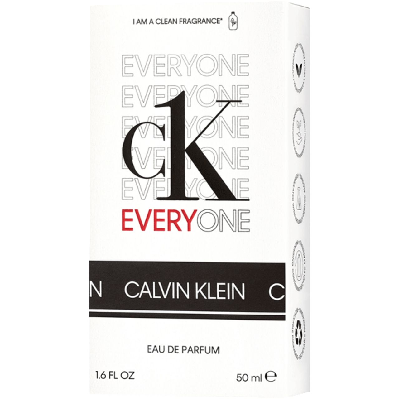 Weiße Verpackung mit "CK EVERYONE"-Logo. "CALVIN KLEIN" und "EAU DE PARFUM" darunter. Vegan-Logo.
