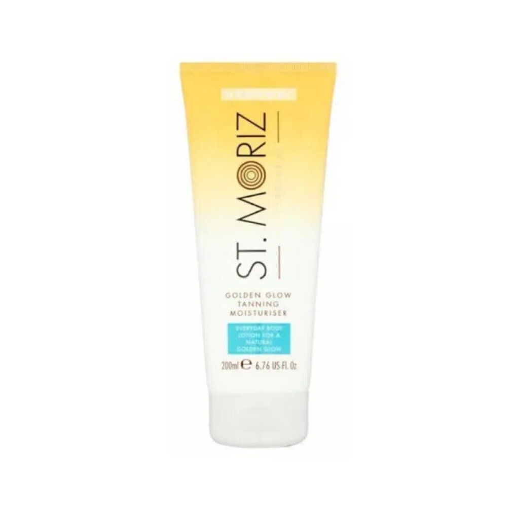 Tube mit St. Moriz Golden Glow Tanning Moisturiser. Gelb-weiße Farbverlauf, Produktname und Details. 200ml.