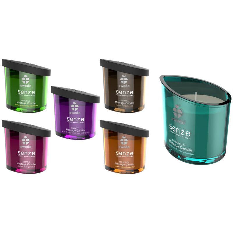 Mehrere Kerzen in verschiedenen Farben. Aufschrift: Swede Senze Herbal Aphrodisiac, Tranquility Massage Candle. Schwarze Deckel.