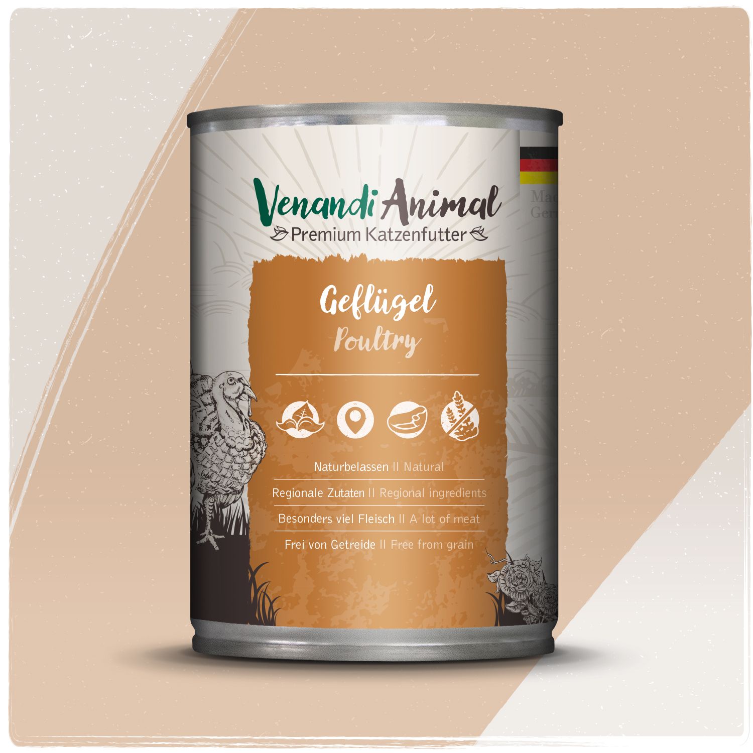 Venandi Animal Premium Katzenfutter Geflügel in Dose. Mit Abbildungen von Truthahn und Icons für natürliche Zutaten.