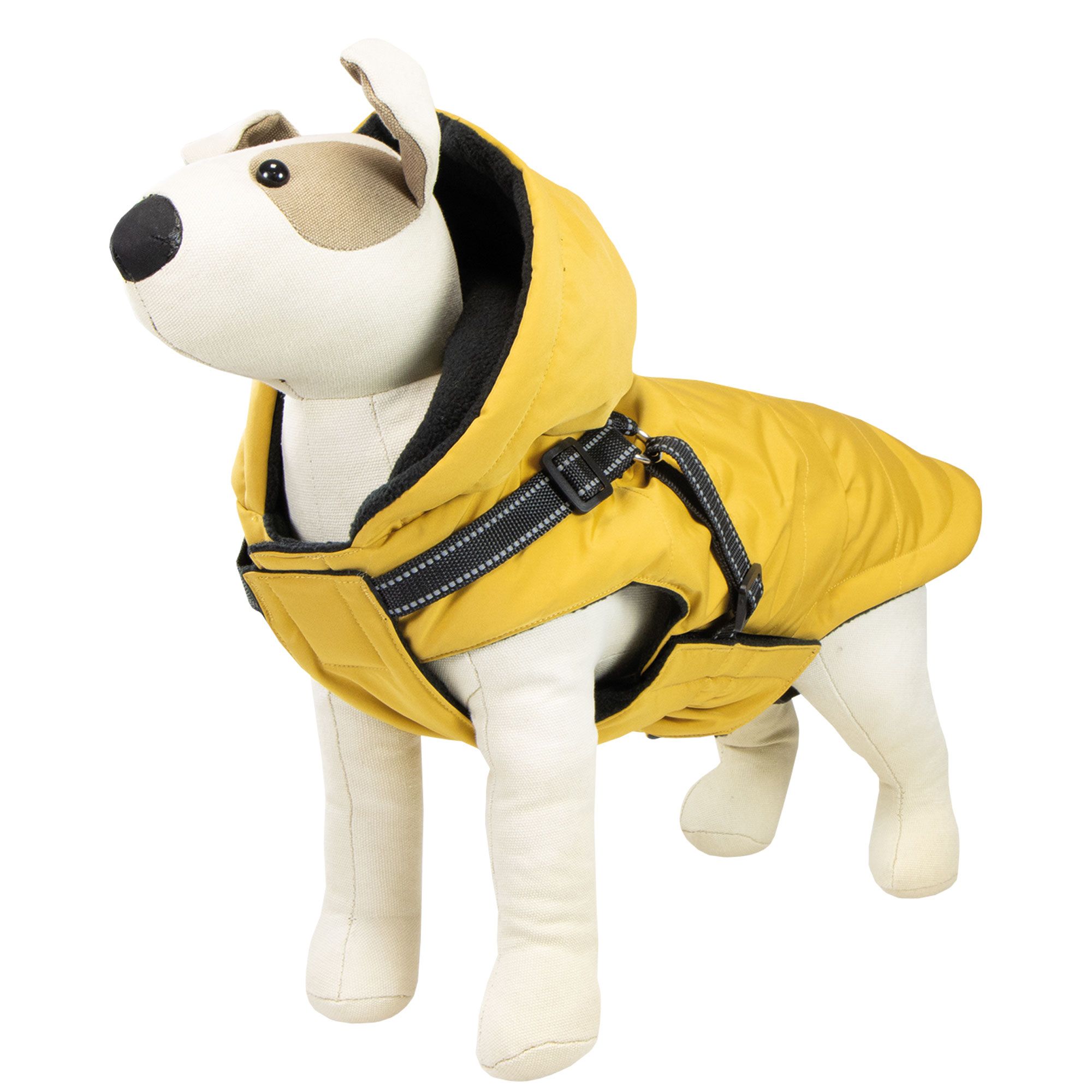 Gelbe Hundejacke mit Kapuze und schwarzen Akzenten. Reflektierende Elemente und Schnallen.