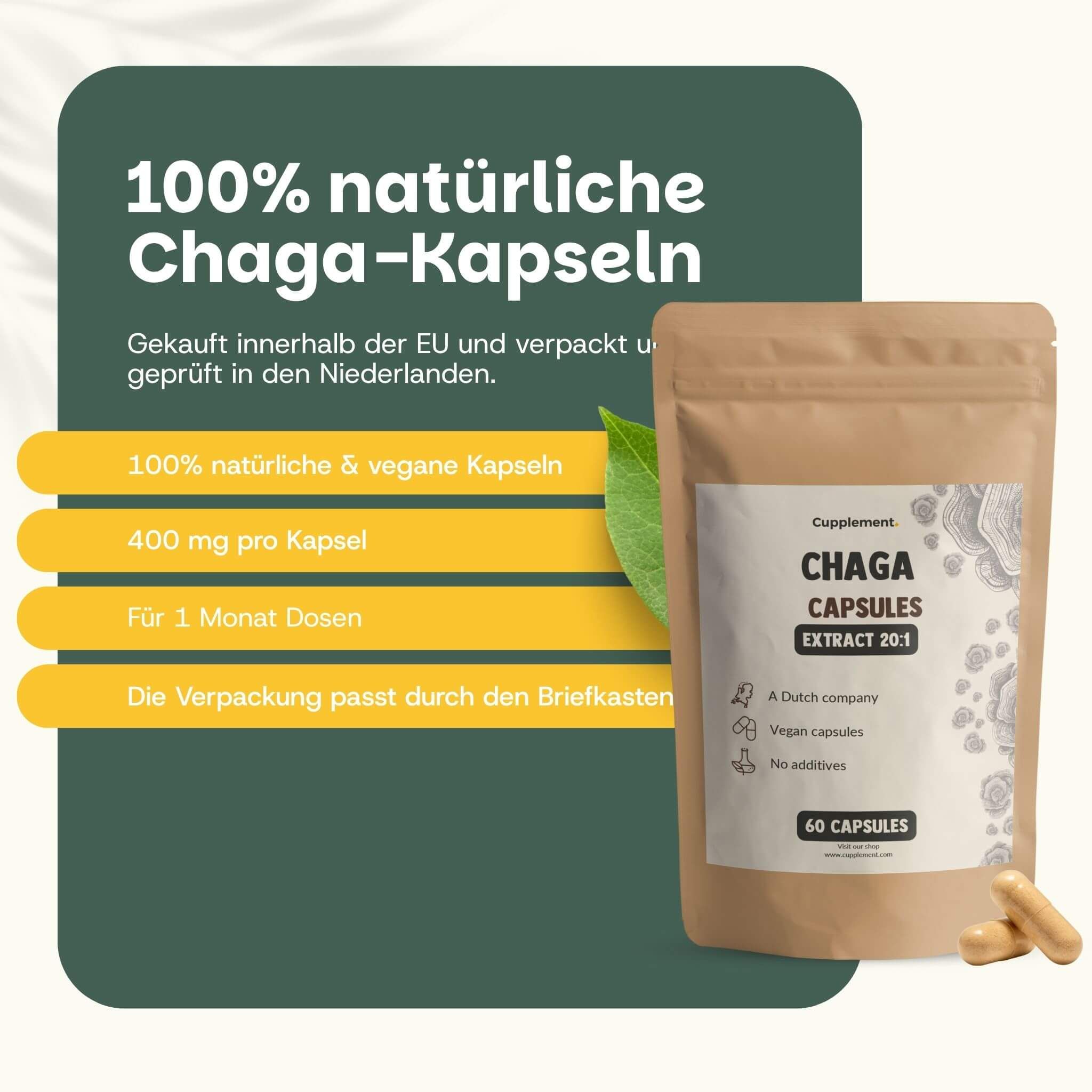 Braune Beutelverpackung mit Produktetikett. Text: Chaga Capsules, 60 Kapseln. 2 Kapseln daneben.