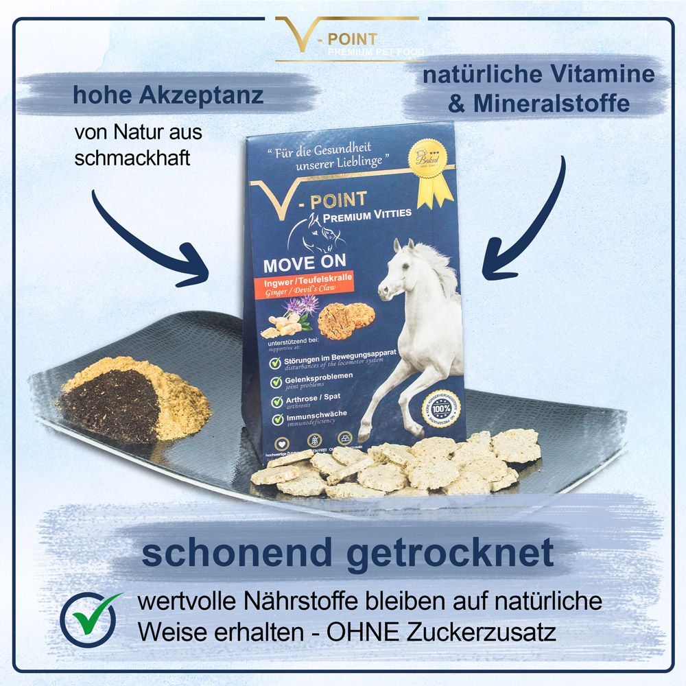 Produktverpackung mit Leckerlis auf einem Tablett. Text: V-POINT Premium Vitties MOVE ON, schonend getrocknet, ohne Zuckerzusatz.