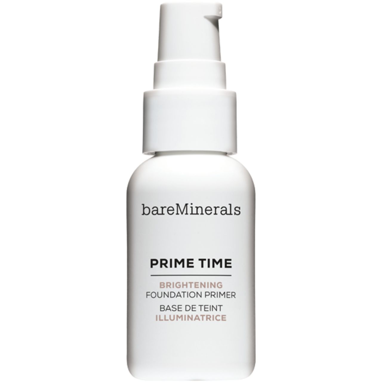 Weiße Flasche mit Pumpe. Aufschrift: bareMinerals, Prime Time, Brightening Foundation Primer.