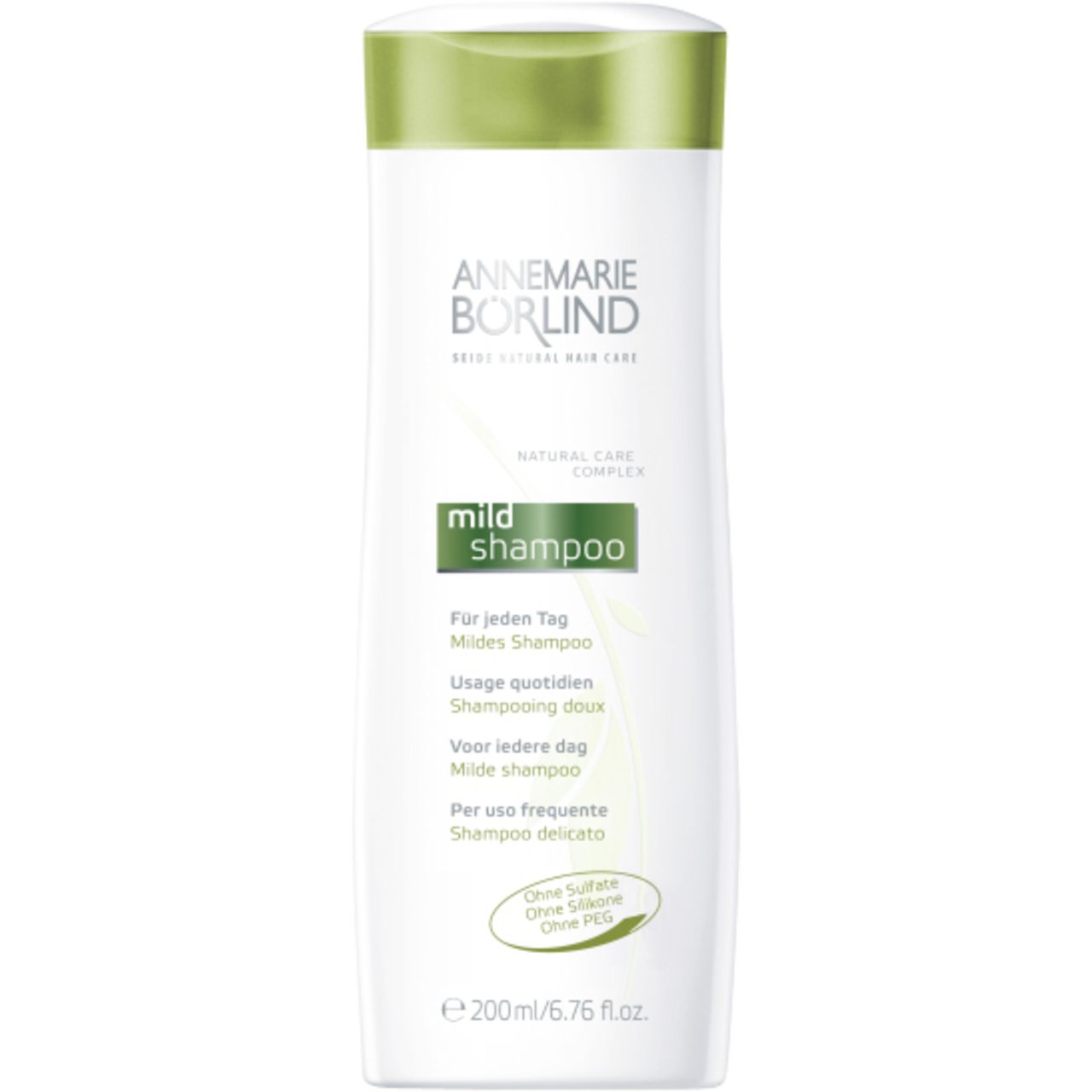 Shampoo-Flasche, weiß mit grünem Deckel. Aufschrift: ANNEMARIE BÖRLIND, mild shampoo. Mehrsprachiger Text.
