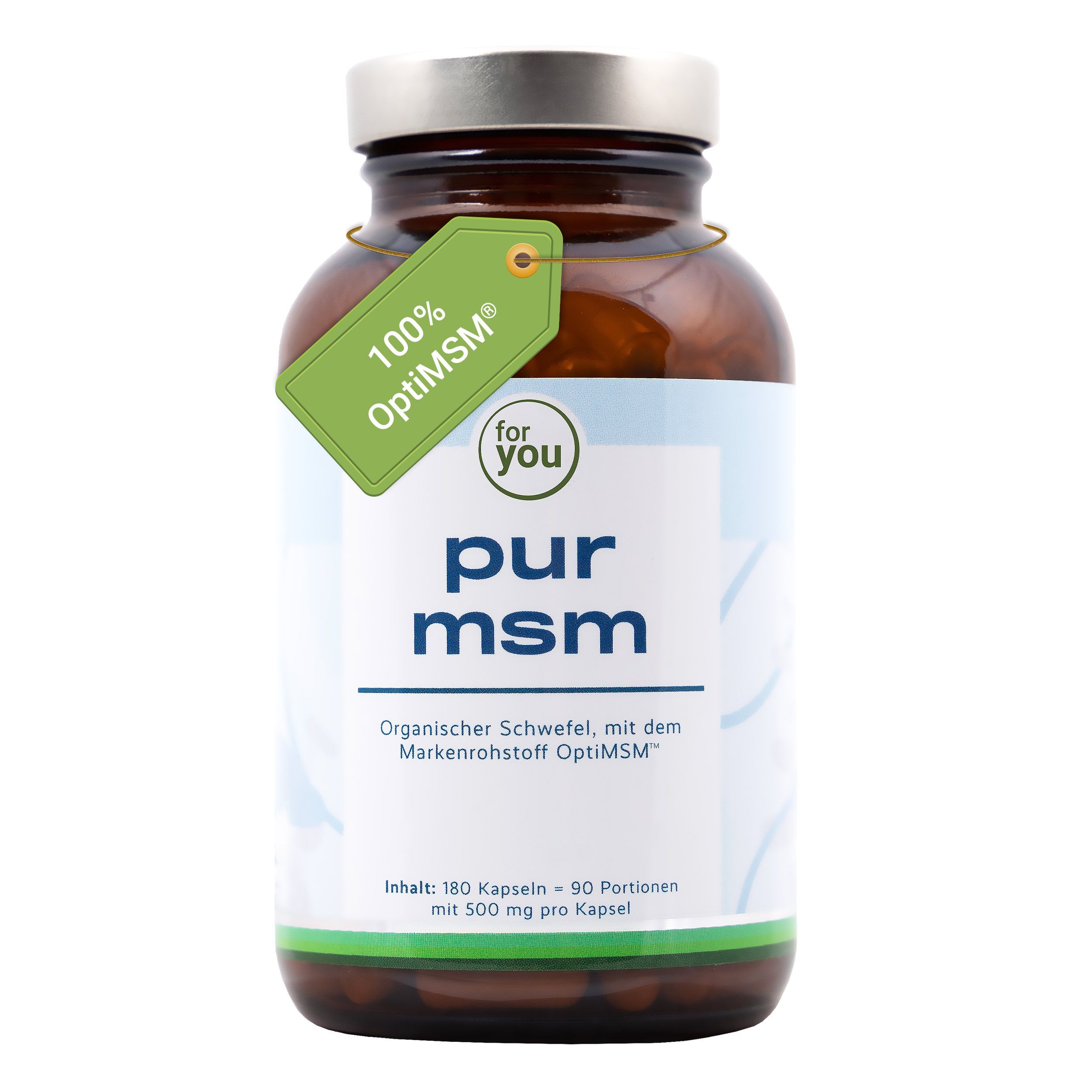 Braune Glasflasche mit MSM-Kapseln, Etikett mit "pur msm" und "Organischer Schwefel".