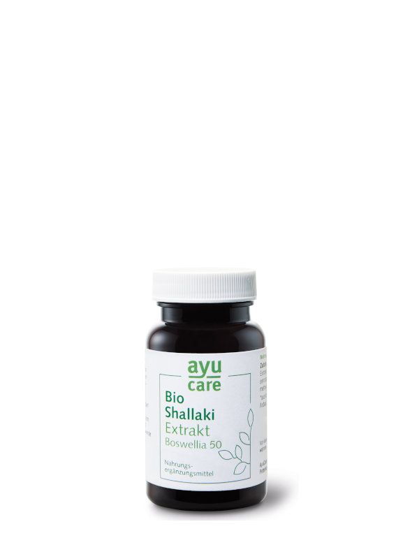 Braune Flasche mit weißem Deckel. Aufkleber mit "ayu care", "Bio Shallaki Extrakt Boswellia 50". Nahrungsergänzungsmittel.