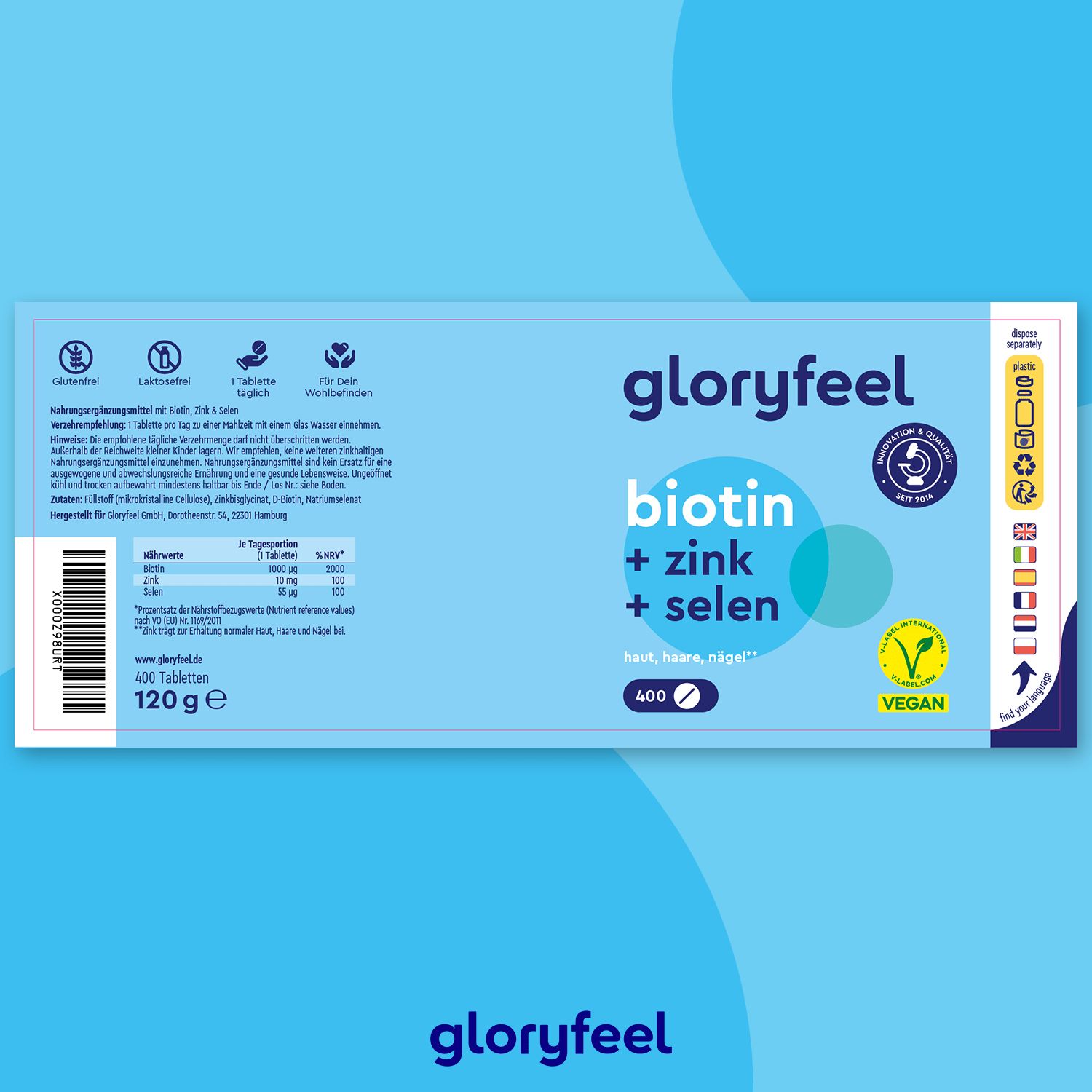 Blaues Etikett mit Produktinformationen. Aufschrift: Biotin + Zink + Selen. Vegan-Siegel. 400 Tabletten. Mehrsprachige Informationen.