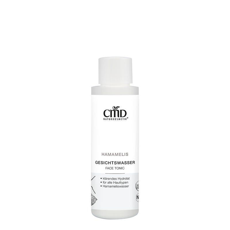 Weiße Flasche mit weißem Deckel. Aufschrift: CMD Naturkosmetik, Hamamelis Gesichtswasser Face Tonic. Mit Inhaltsangaben.