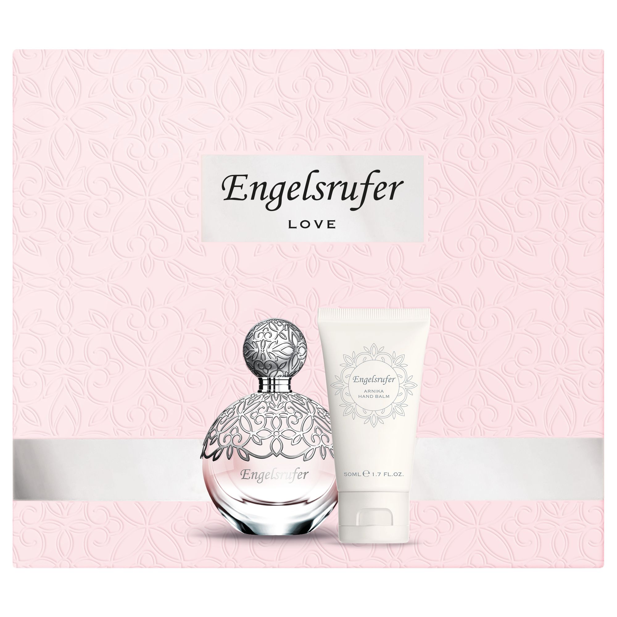 Geschenkset mit Parfümflakon und Handbalsam. Rosa Verpackung mit Engelsrufer-Logo. Flakon mit silberner Verzierung, Tube.