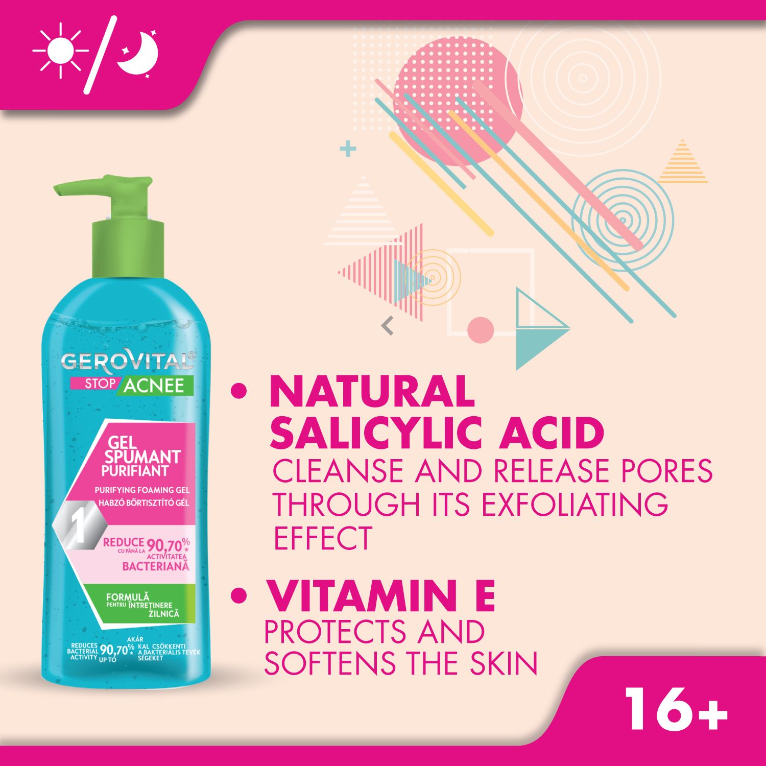 Produktflasche mit Text: Natural Salicylic Acid, Vitamin E. Text: Cleanse and release pores through its exfoliating effect.