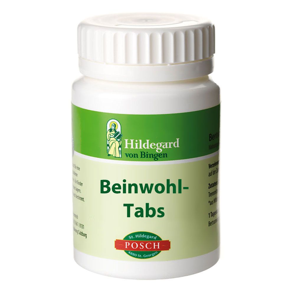 Weiße Tabletten-Dose mit grünem Etikett. Aufschrift: Beinwohl-Tabs, Hildegard von Bingen, St. Hildegard Posch.