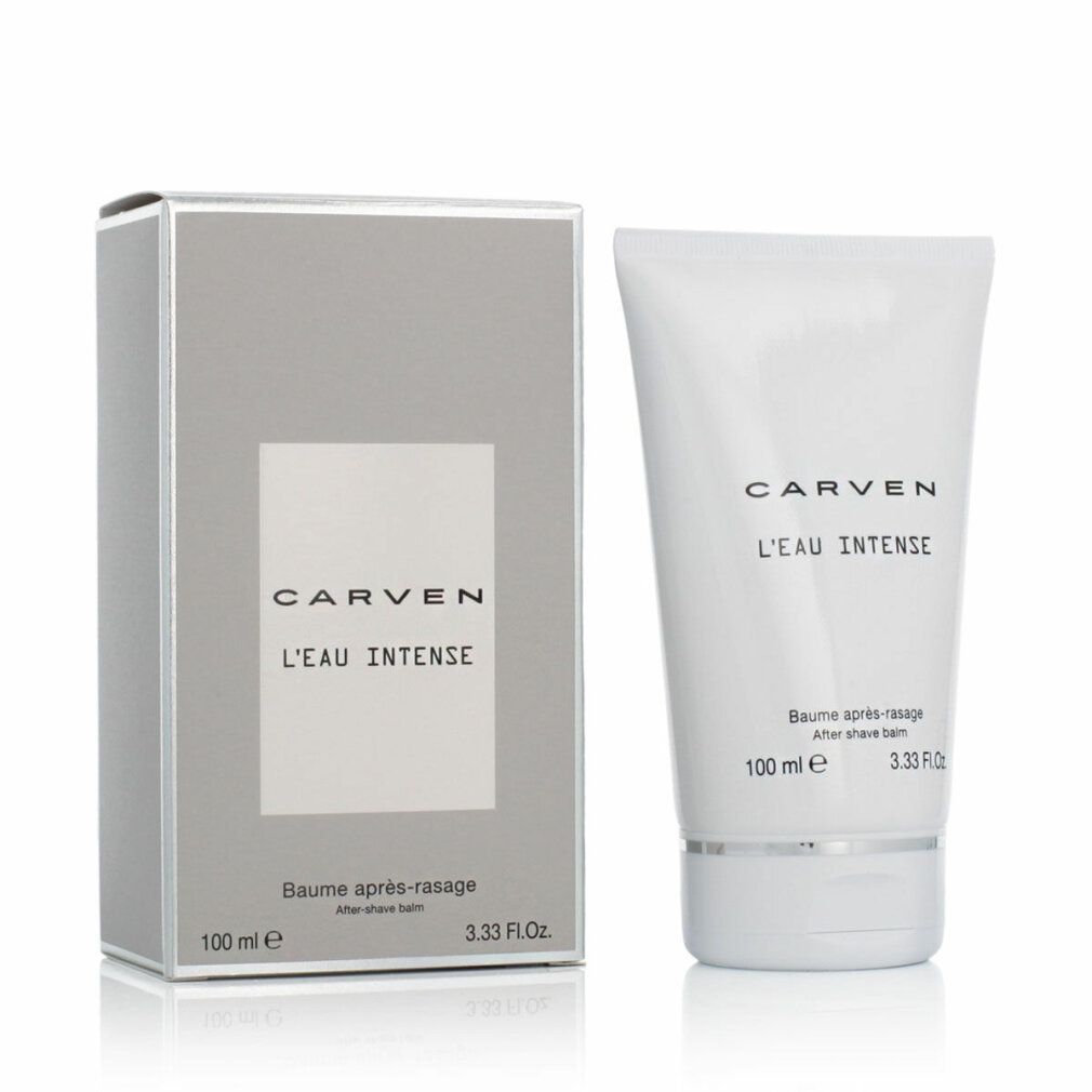 Weiße Tube und graue Verpackung. Auf der Tube steht CARVEN L'EAU INTENSE. Auf der Verpackung steht Baume après-rasage und 100 ml.