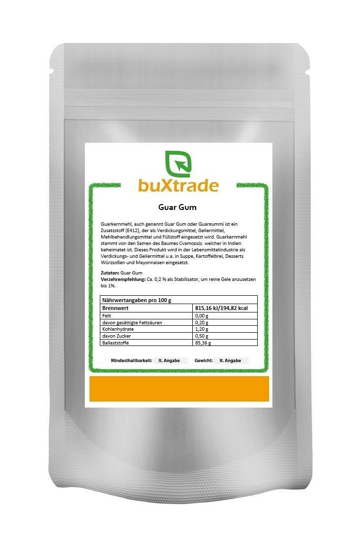 Beutel mit weißem Hintergrund. Aufdruck: buXtrade, Guar Gum. Nährwertangaben und Zutatenliste. Grün umrandet.