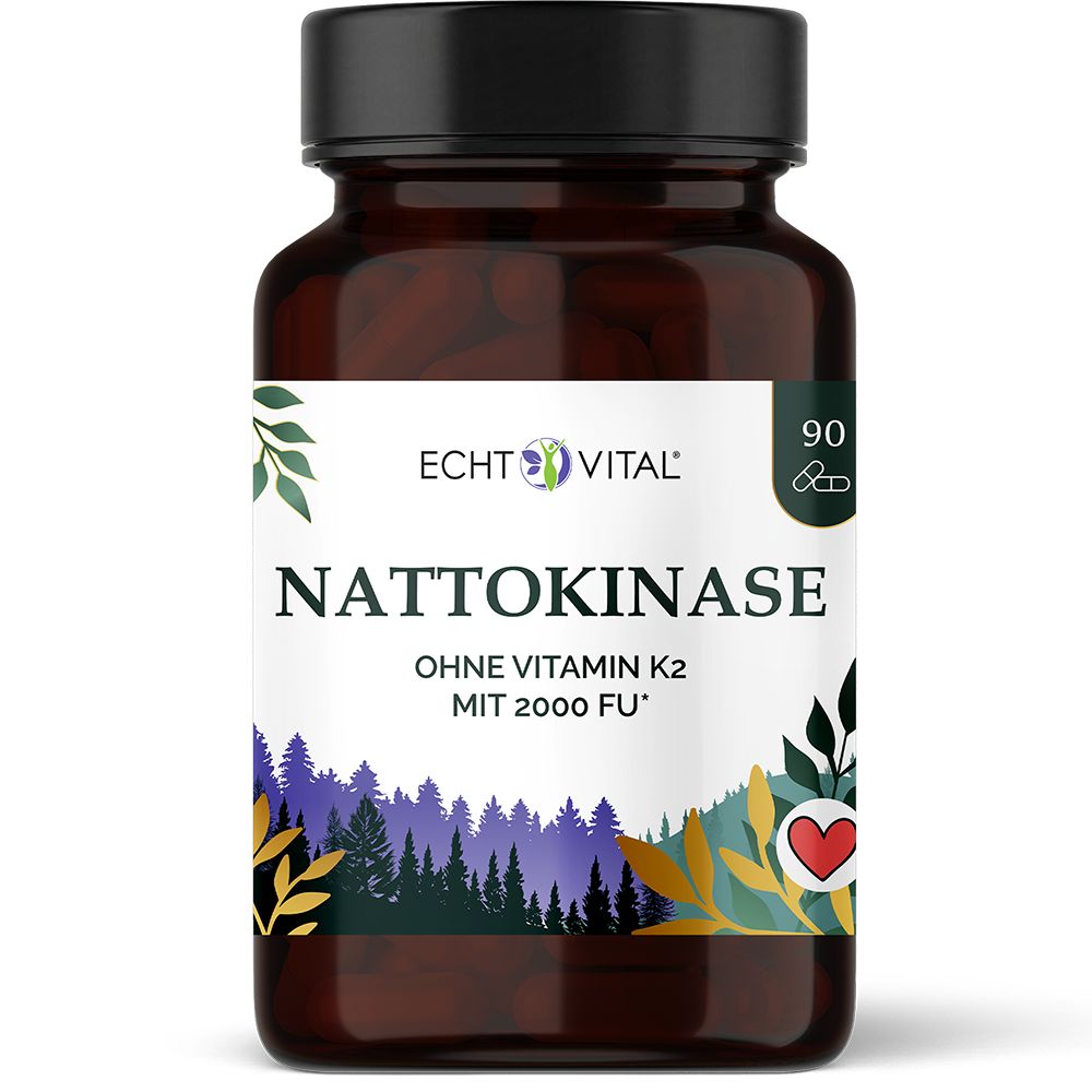 Echt Vital Nattokinase Kapseln: Braunglasflasche mit schwarzem Deckel, Etikett mit Waldmotiv und Herz.