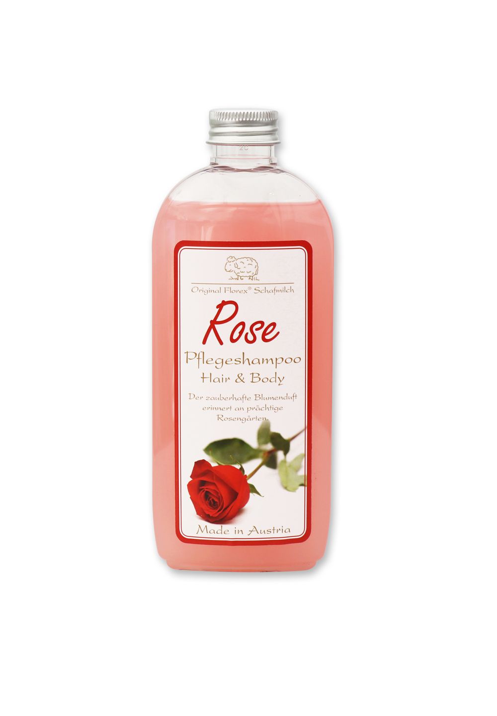Flasche mit rosa Flüssigkeit. Etikett mit Rose-Motiv und Schriftzug "Pflegeshampoo Hair & Body". Hergestellt in Österreich.
