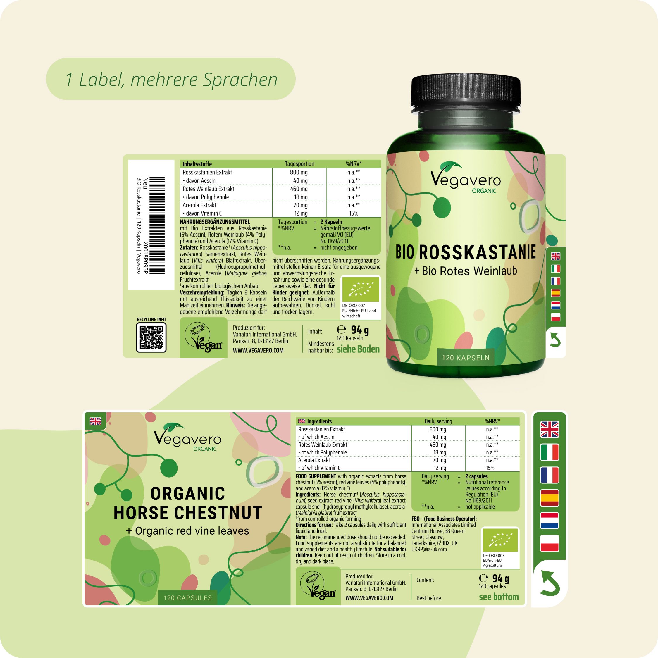Veggavero BIO ROSSKASTANIE + Bio Rotes Weinlaub Kapseldose mit detaillierten Etiketten in mehreren Sprachen.