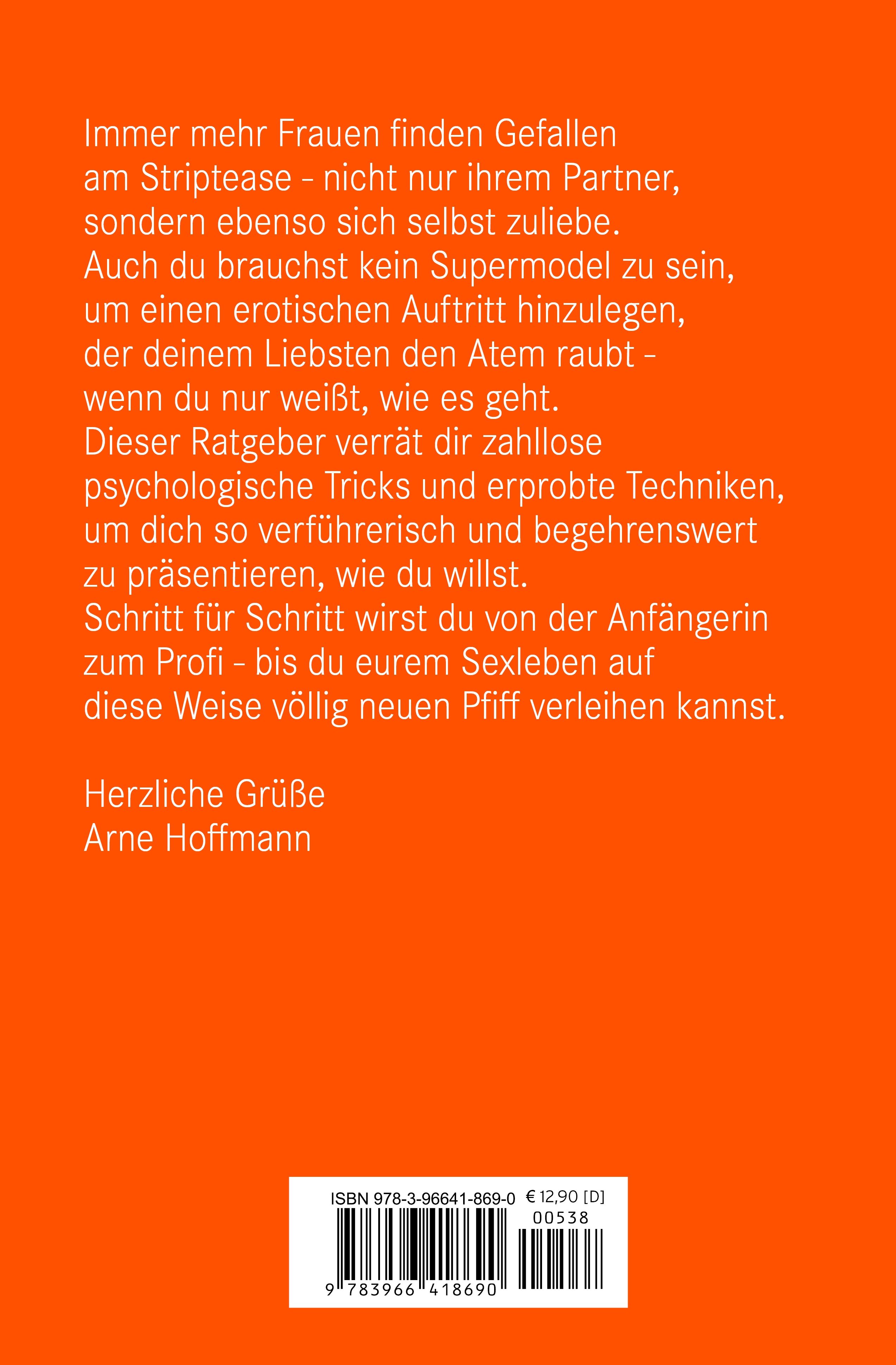 Rückseite des Buches "Striptease". Text auf orangefarbenem Hintergrund. ISBN-Code und Preis.