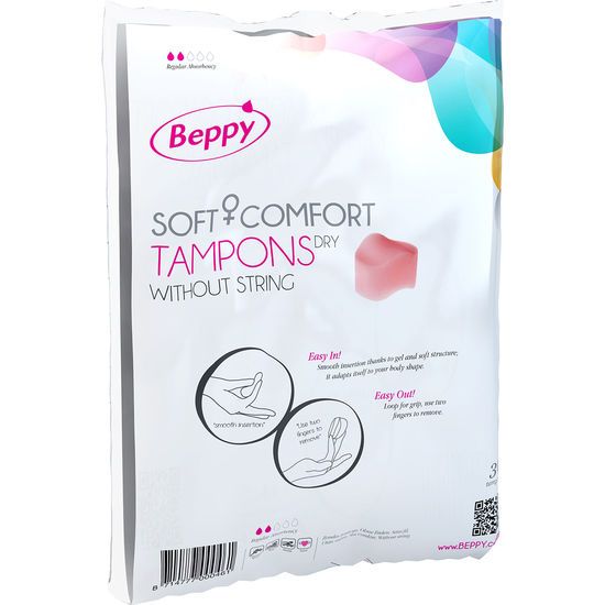 Verpackung mit Beppy Soft + Comfort Tampons DRY ohne Faden. Rosa Tampon abgebildet. Produktname und Marke deutlich sichtbar. Illustrationen zur Anwendung.