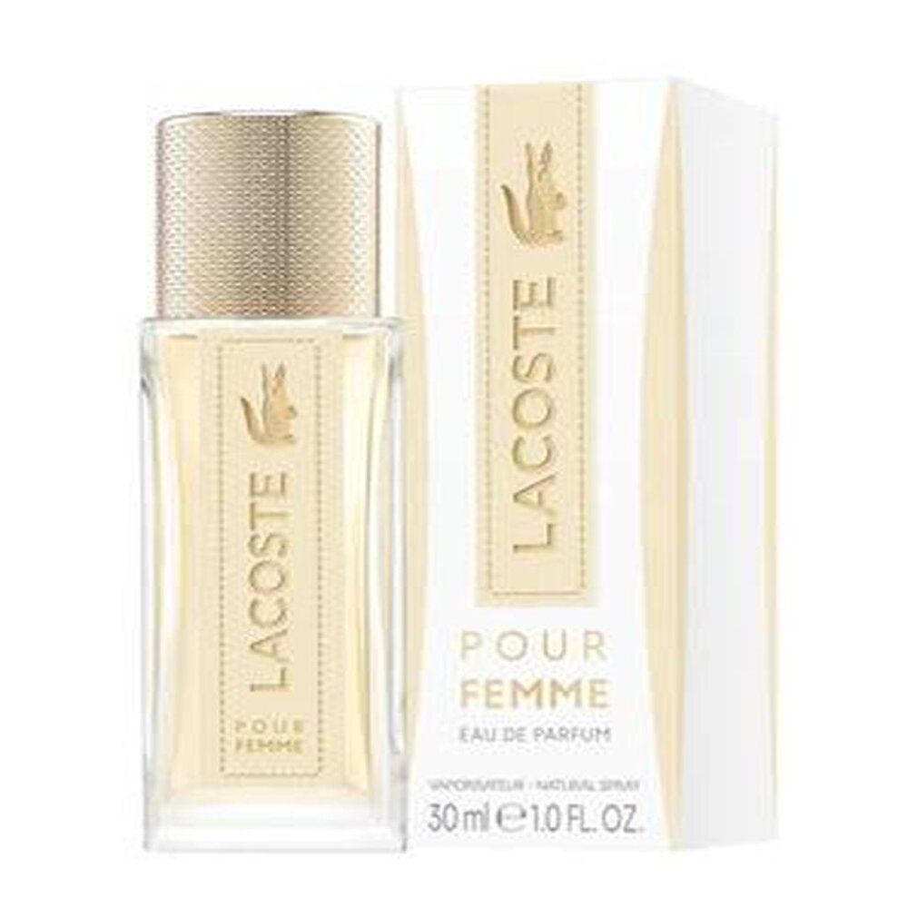 Lacoste Pour Femme Eau de Parfum Flakon und Umverpackung mit goldenen Akzenten.