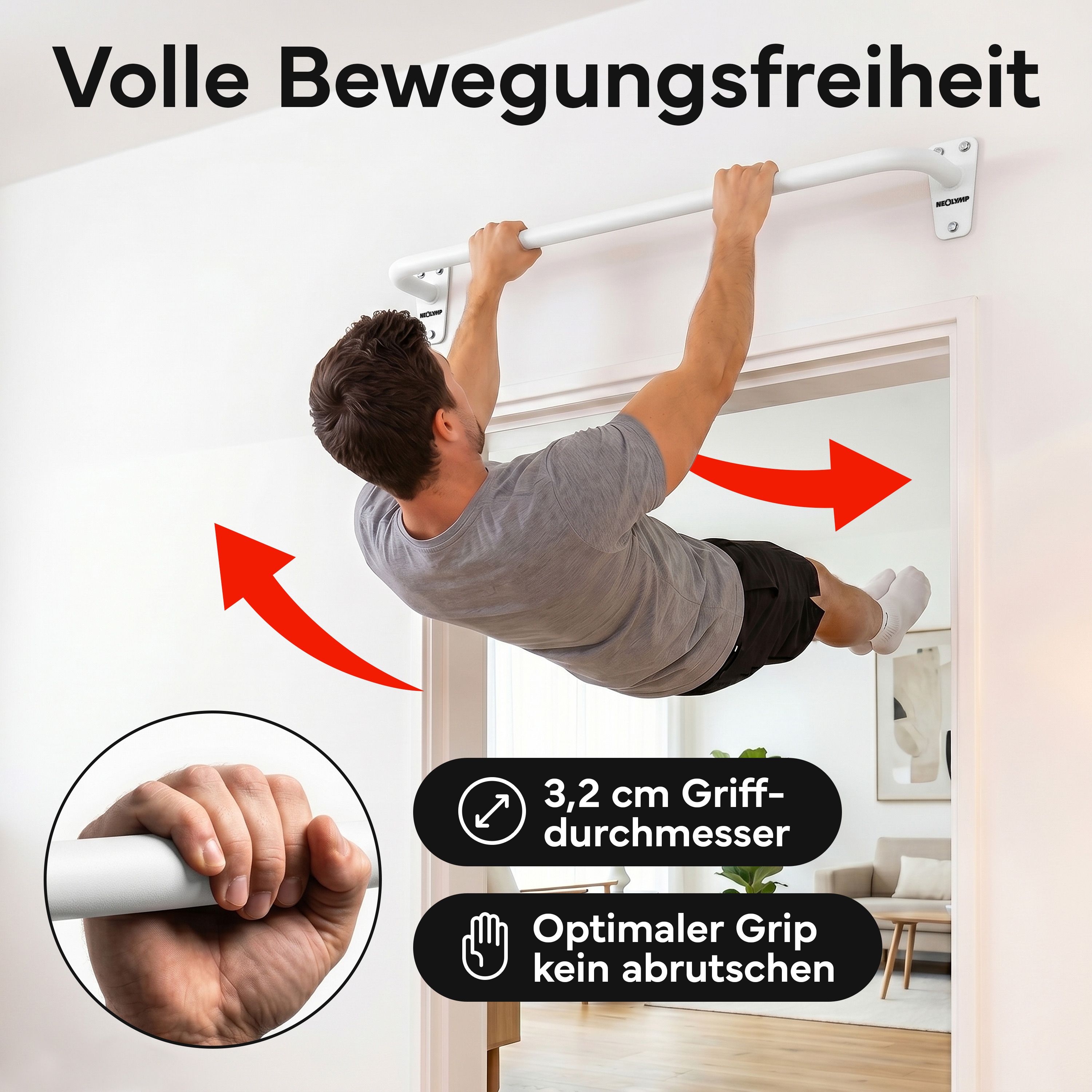 Mann trainiert an weißer Klimmzugstange. Griffdurchmesser 3,2 cm, optimaler Grip ohne Abrutschen.