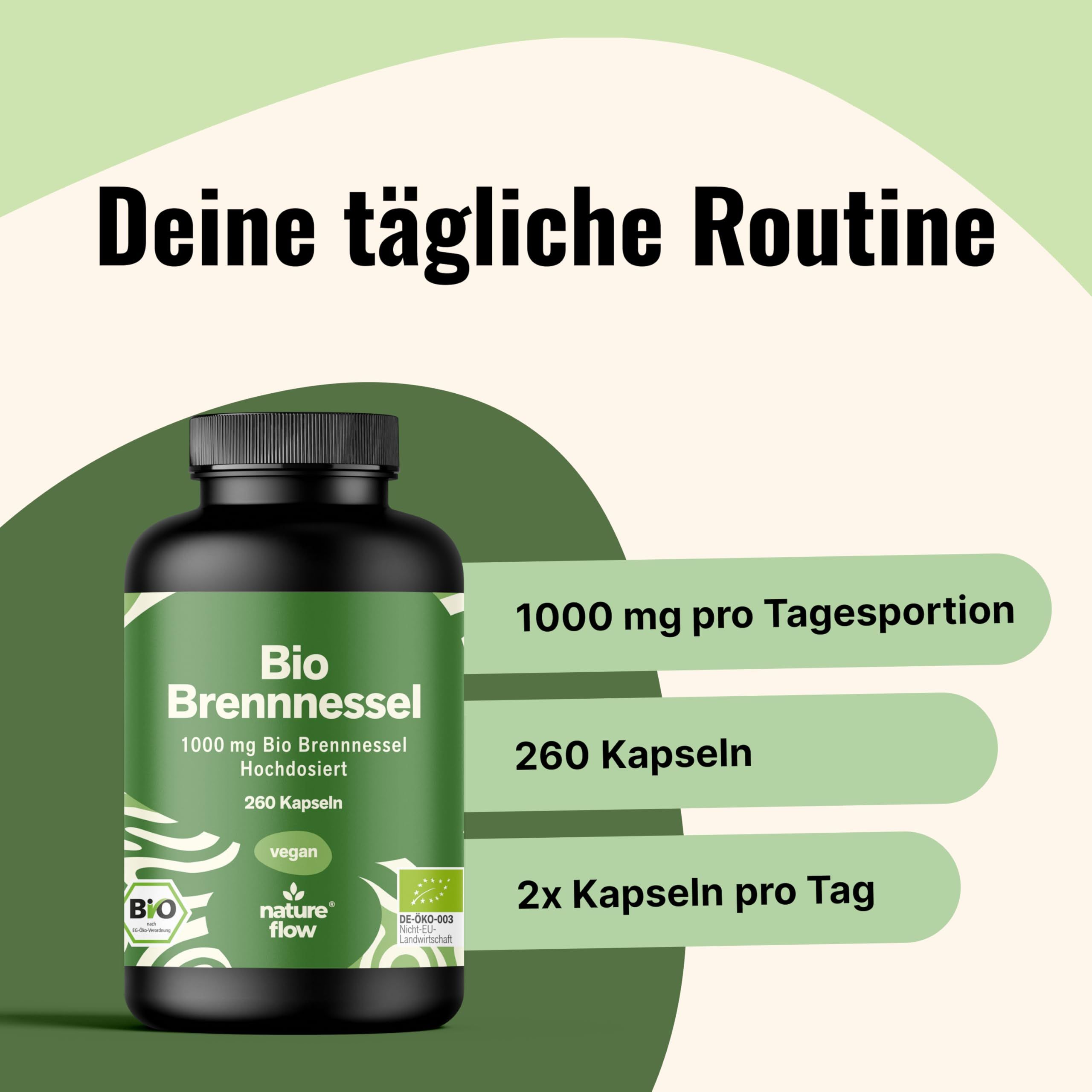 Produktflasche. Text: Deine tägliche Routine. 1000 mg pro Tagesportion, 260 Kapseln, 2x Kapseln pro Tag. Logo: Nature Flow, Bio-Siegel.
