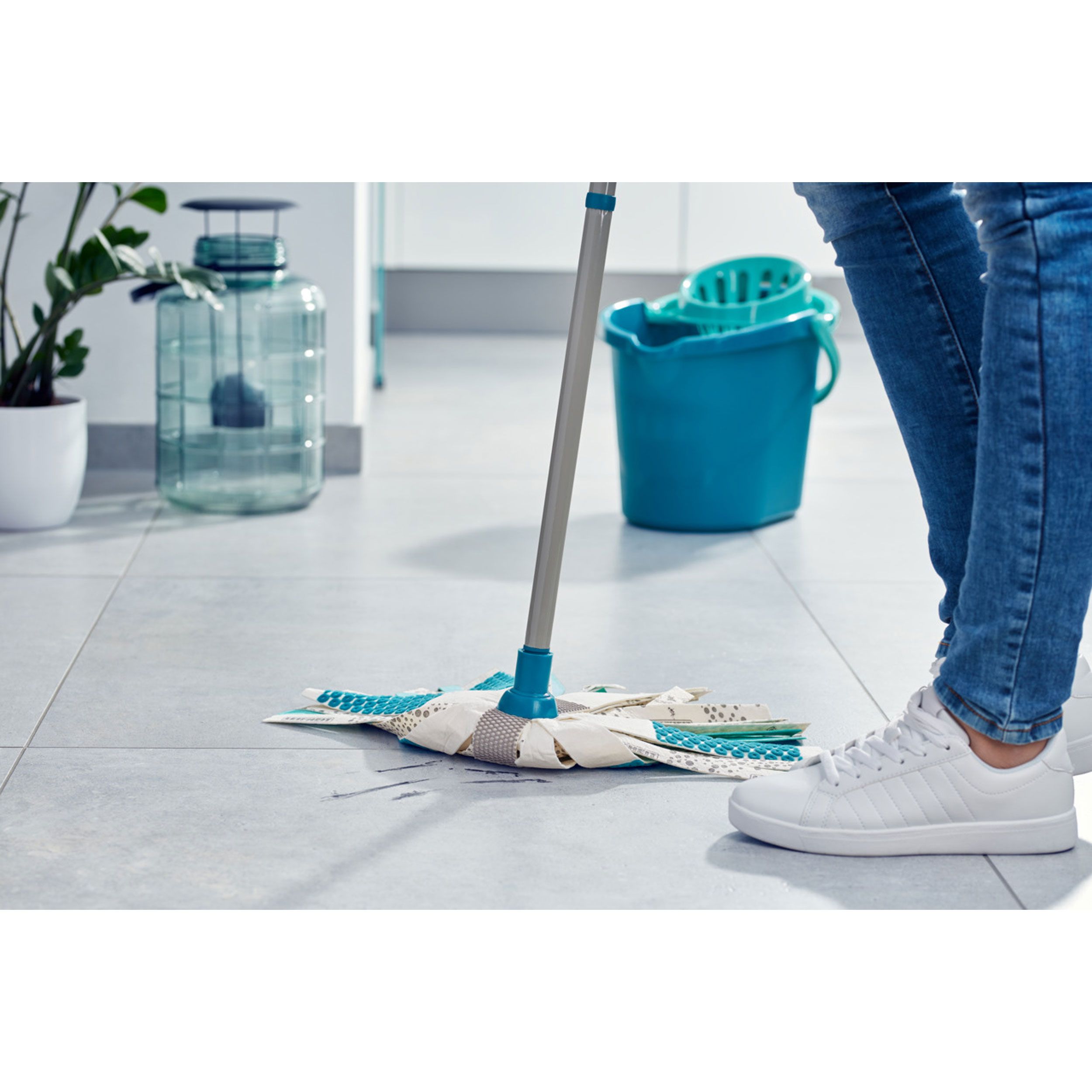 Leifheit Wischmopp Power Mop 3in1 Telescope, Bodenwischer mit Stiel, Kunststoff, Blau, Weiß