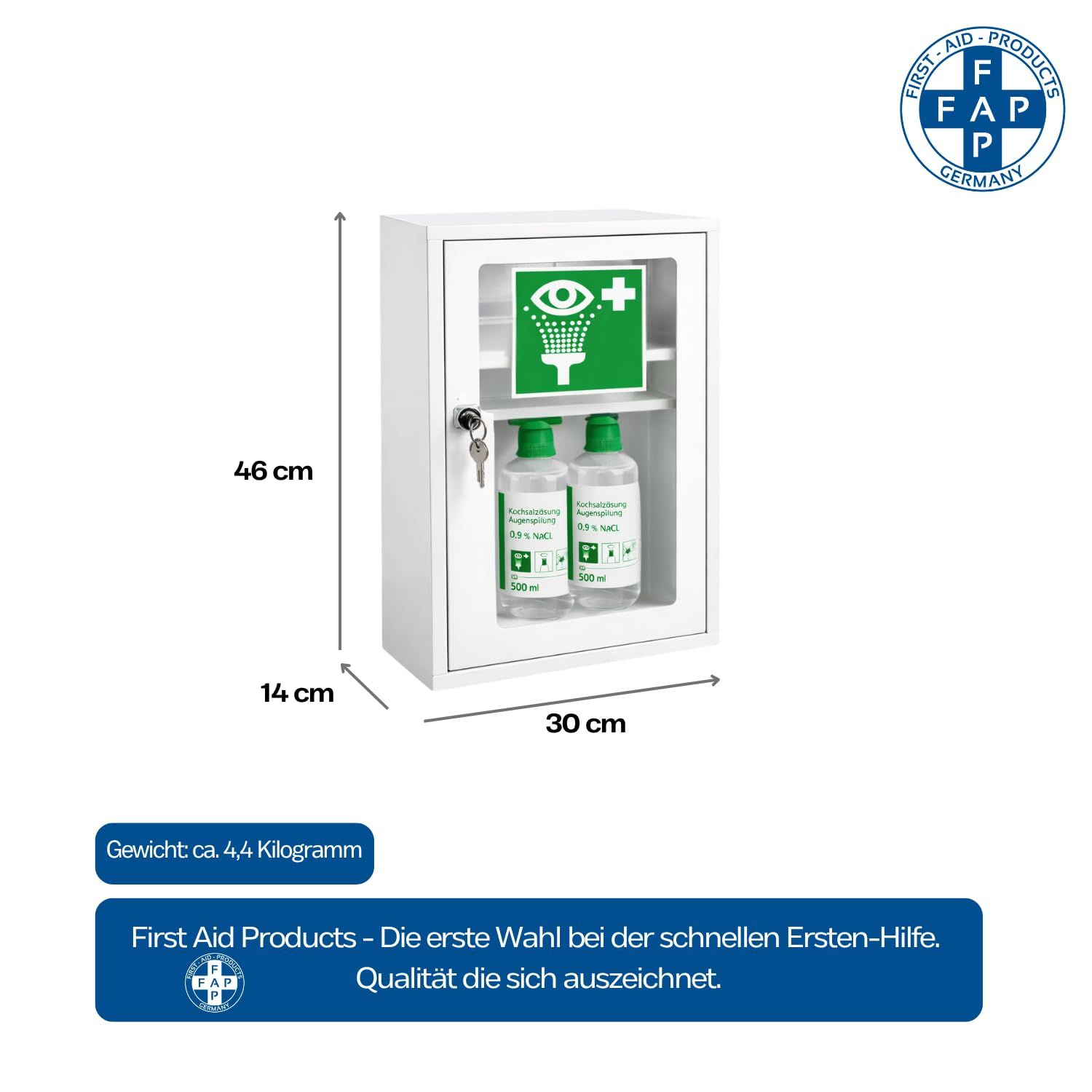 FAP First Aid Products Augenspülschrank mit 2x NaCl 0,9% (500 ml) - Metall, abschließbar, weiß