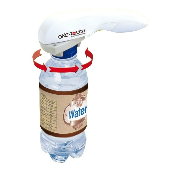 Apribottiglie automatico bianco. Freccia rossa indica il movimento. Apre una bottiglia d'acqua.