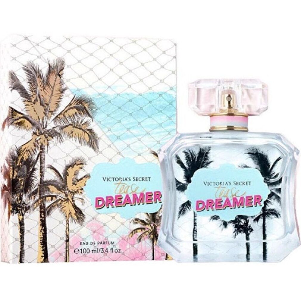 Victoria's Secret Tease Dreamer Eau De Parfum, Flakon und Verpackung. Palmen-Design, hellblaues Etikett mit rosa Schriftzug. E 100 ml/3.4 fl oz.
