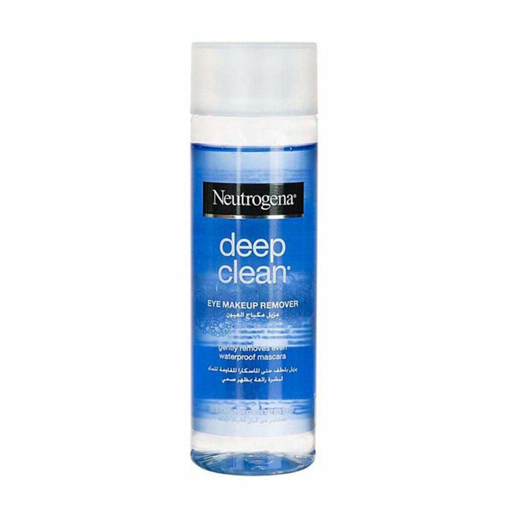 Zylindrische Flasche mit blauem Etikett. Aufschrift: Neutrogena Deep Clean Eye Makeup Remover. Entfernt wasserfestes Make-up.